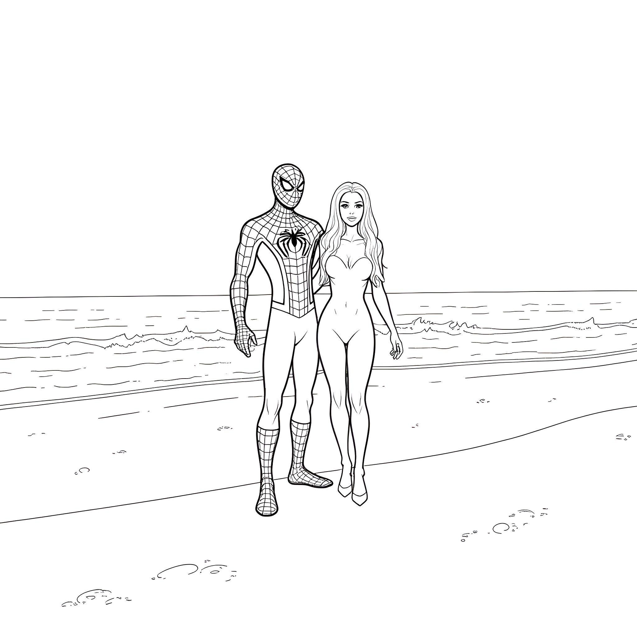 Spiderman and woman in casual beachwear Coloring Page (free black-and-white line drawing printable PDF for all, from beginners to advanced learners, including children, teens, adults, and seniors)