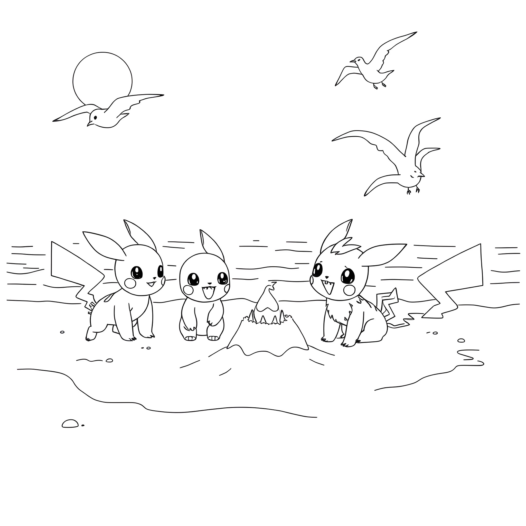 Pokémon characters playing together on the beach Coloring Page (free black-and-white line drawing printable PDF for all, from beginners to advanced learners, including children, teens, adults, and seniors)