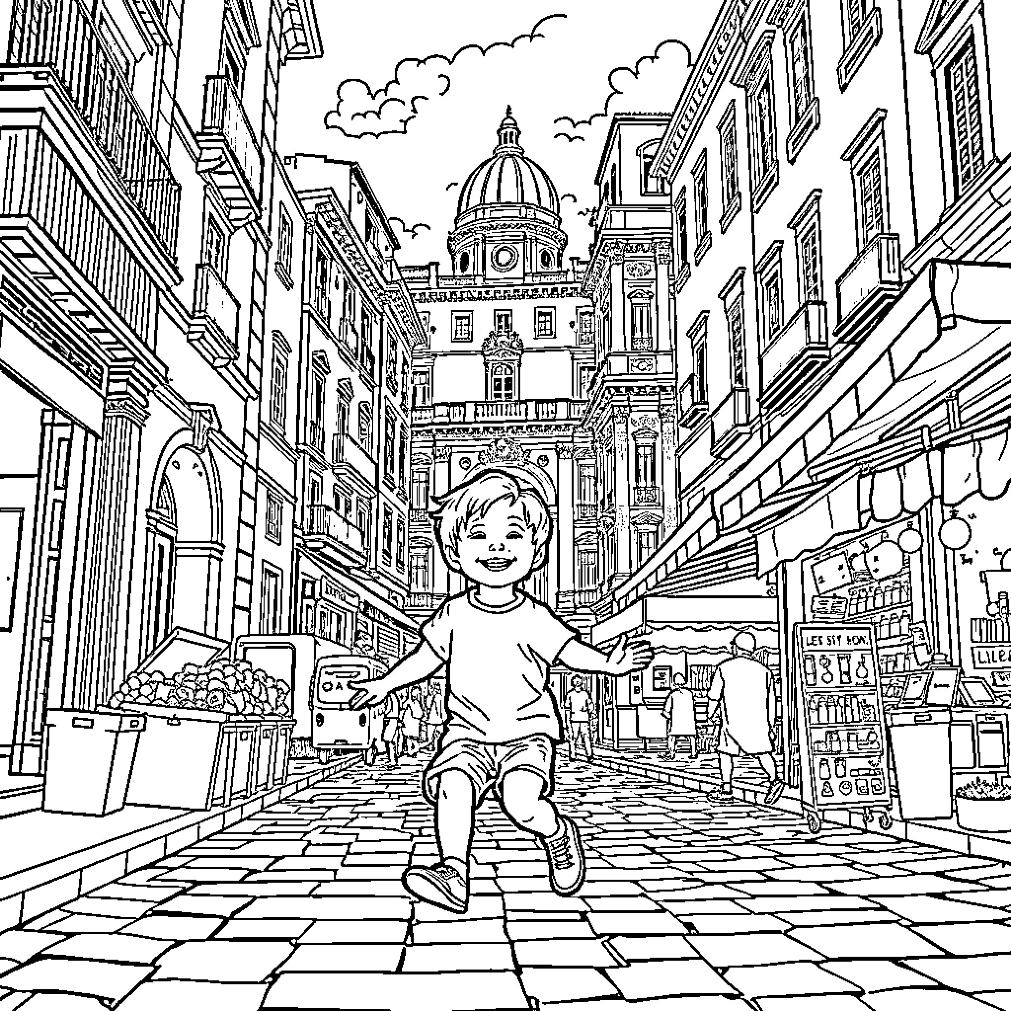 Child happily exploring historic city street Coloring Page (free black-and-white line drawing printable PDF for all, from beginners to advanced learners, including children, teens, adults, and seniors)