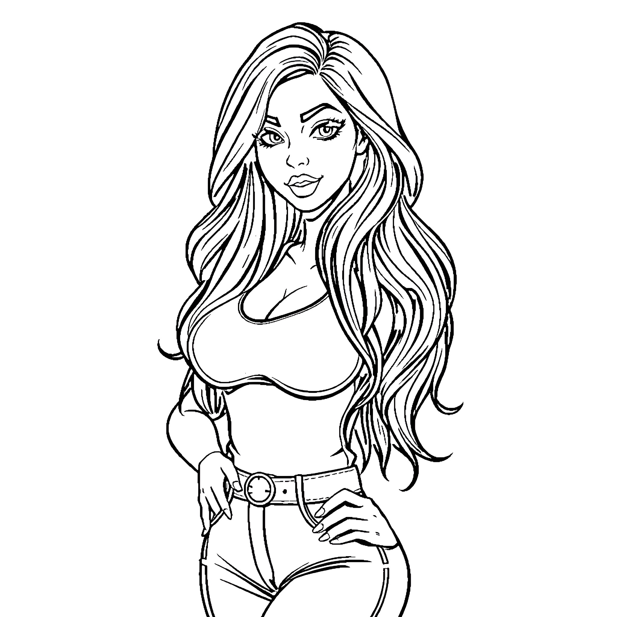 Girl with long flowing hair posing confidently Coloring Page (free black-and-white line drawing printable PDF for all, from beginners to advanced learners, including children, teens, adults, and seniors)