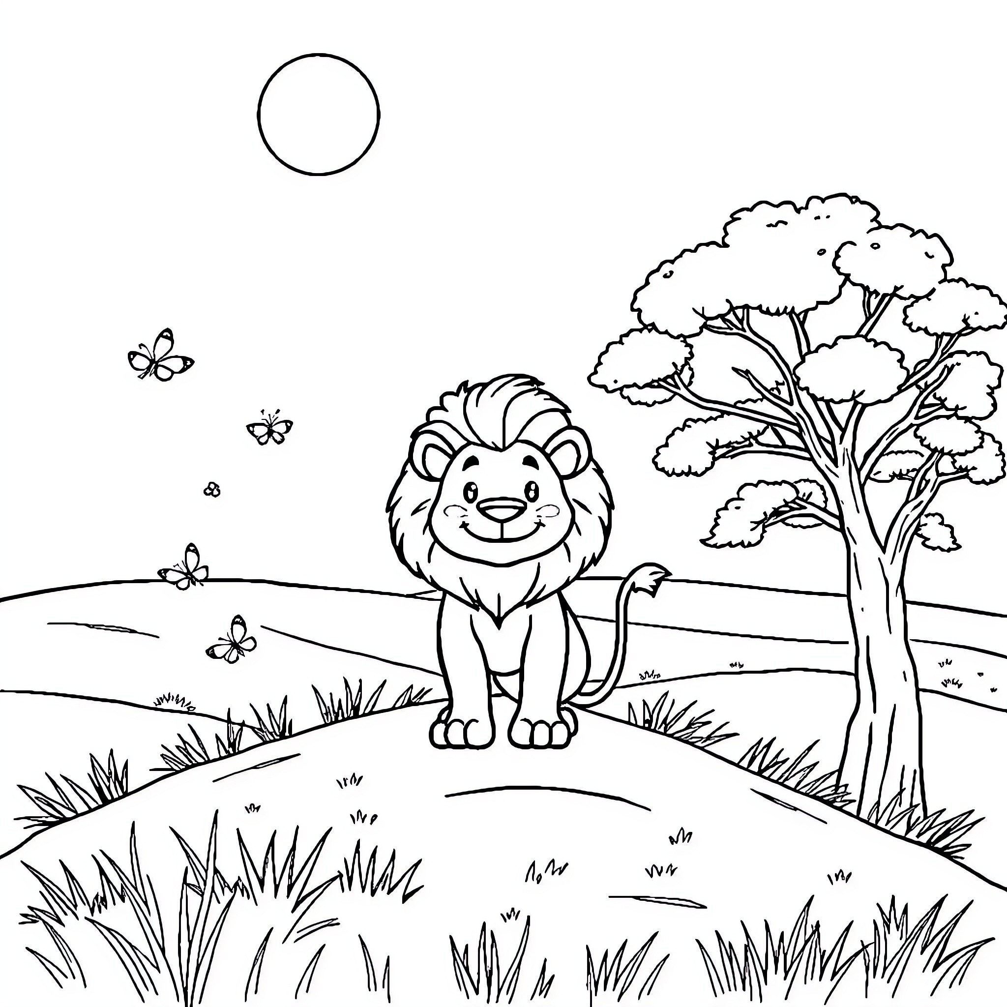 Lion enjoying the serene nature scene Coloring Page (free black-and-white line drawing printable PDF for all, from beginners to advanced learners, including children, teens, adults, and seniors)