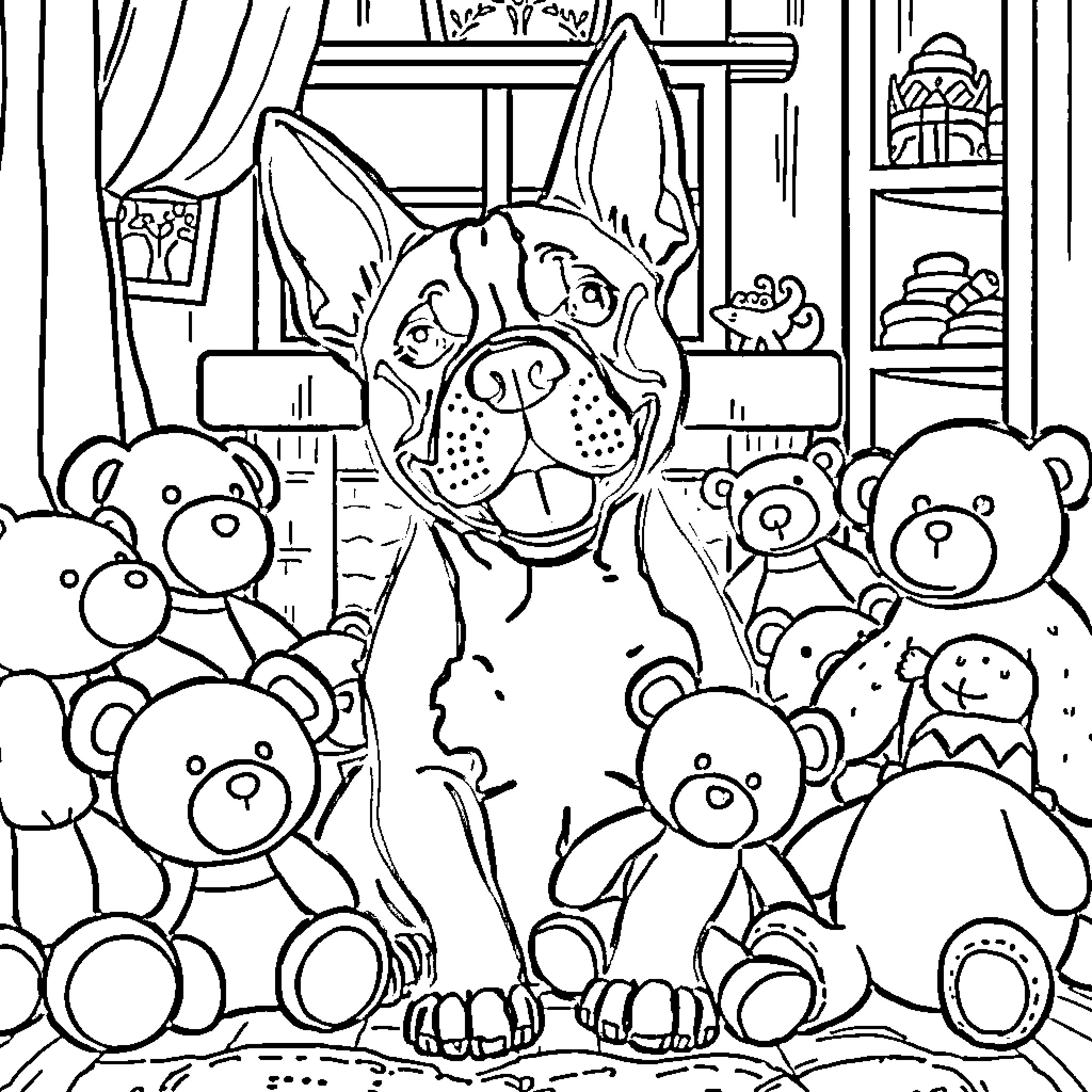 American Staffordshire Terrier playing with stuffed animals in the room Coloring Page (free black-and-white line drawing printable PDF for all, from beginners to advanced learners, including children, teens, adults, and seniors)