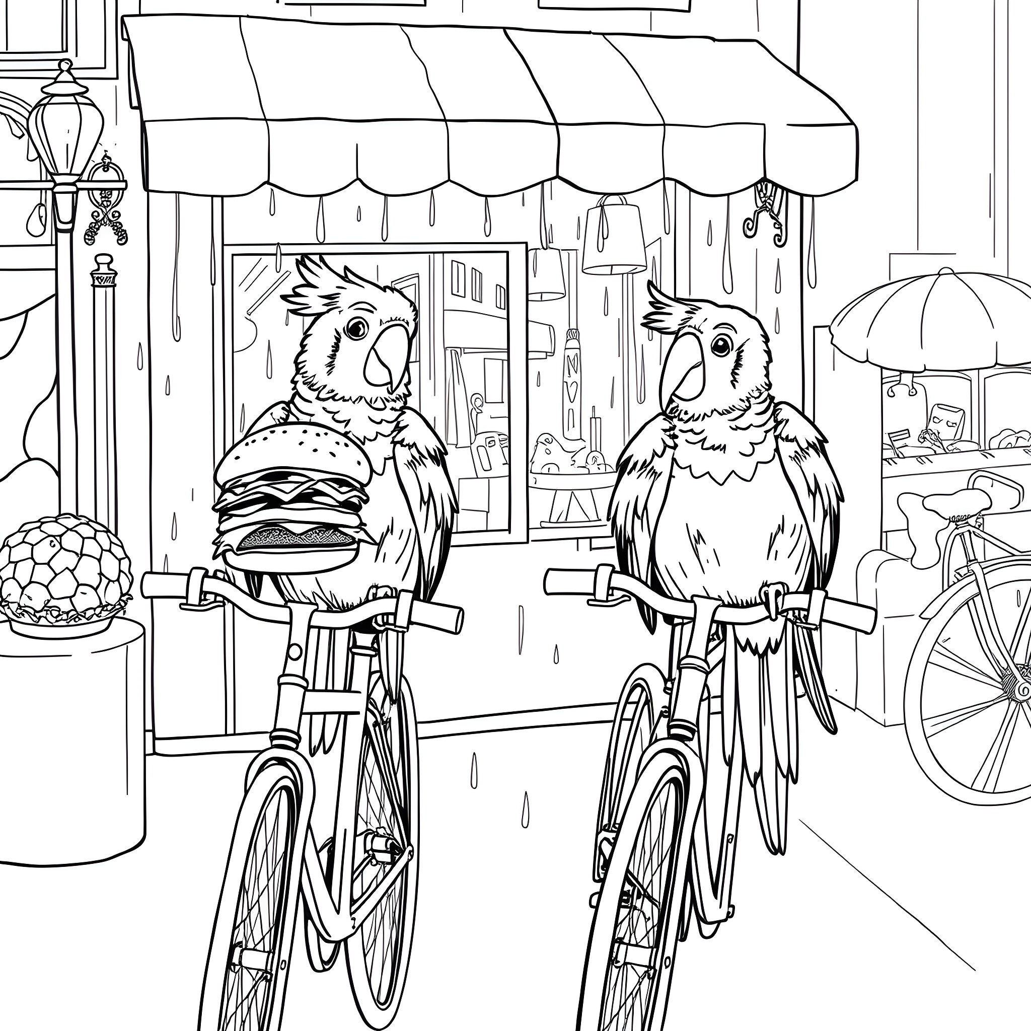 Parrot friends riding bicycles by the storefront Coloring Page (free black-and-white line drawing printable PDF for all, from beginners to advanced learners, including children, teens, adults, and seniors)