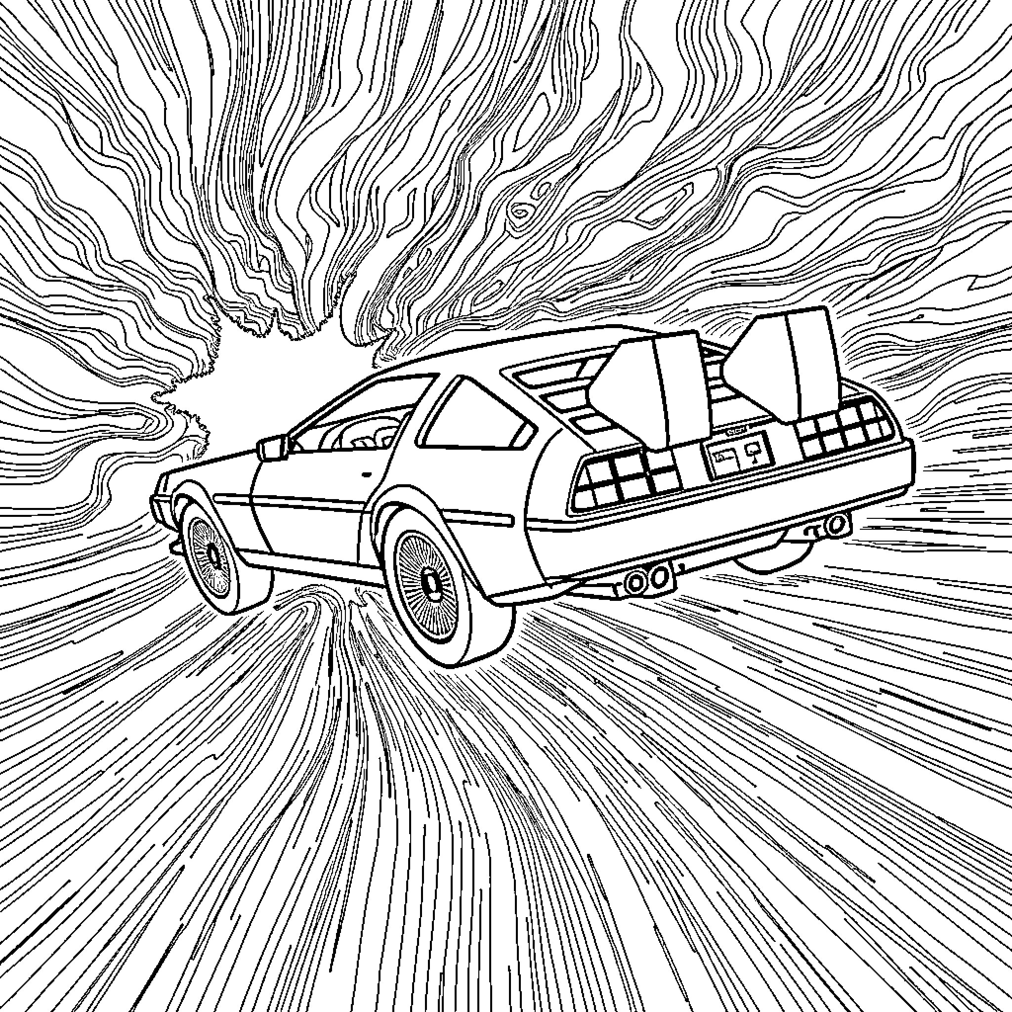 DeLorean racing through futuristic time vortex Coloring Page (free black-and-white line drawing printable PDF for all, from beginners to advanced learners, including children, teens, adults, and seniors)