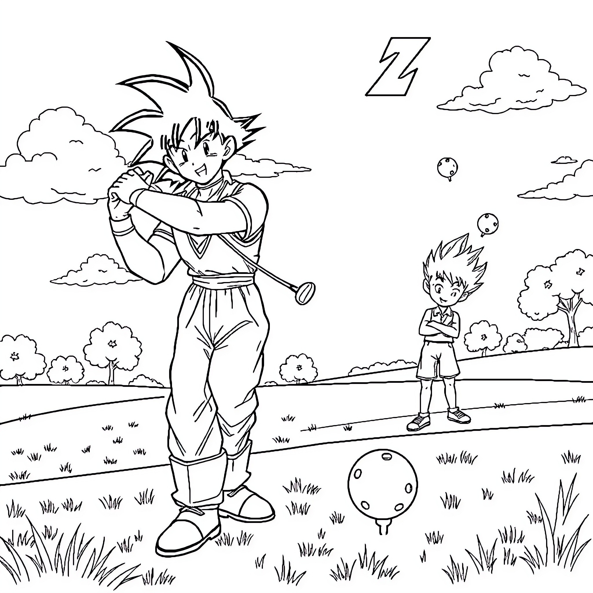 Dragon Ball Z characters in outdoor scene Coloring Page (free black-and-white line drawing printable PDF for all, from beginners to advanced learners, including children, teens, adults, and seniors)