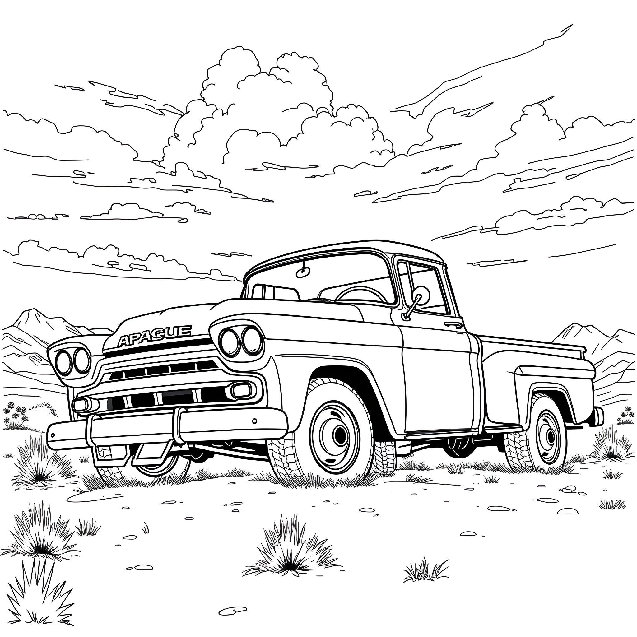 Apache pickup truck in rugged landscape Coloring Page (free black-and-white line drawing printable PDF for all, from beginners to advanced learners, including children, teens, adults, and seniors)