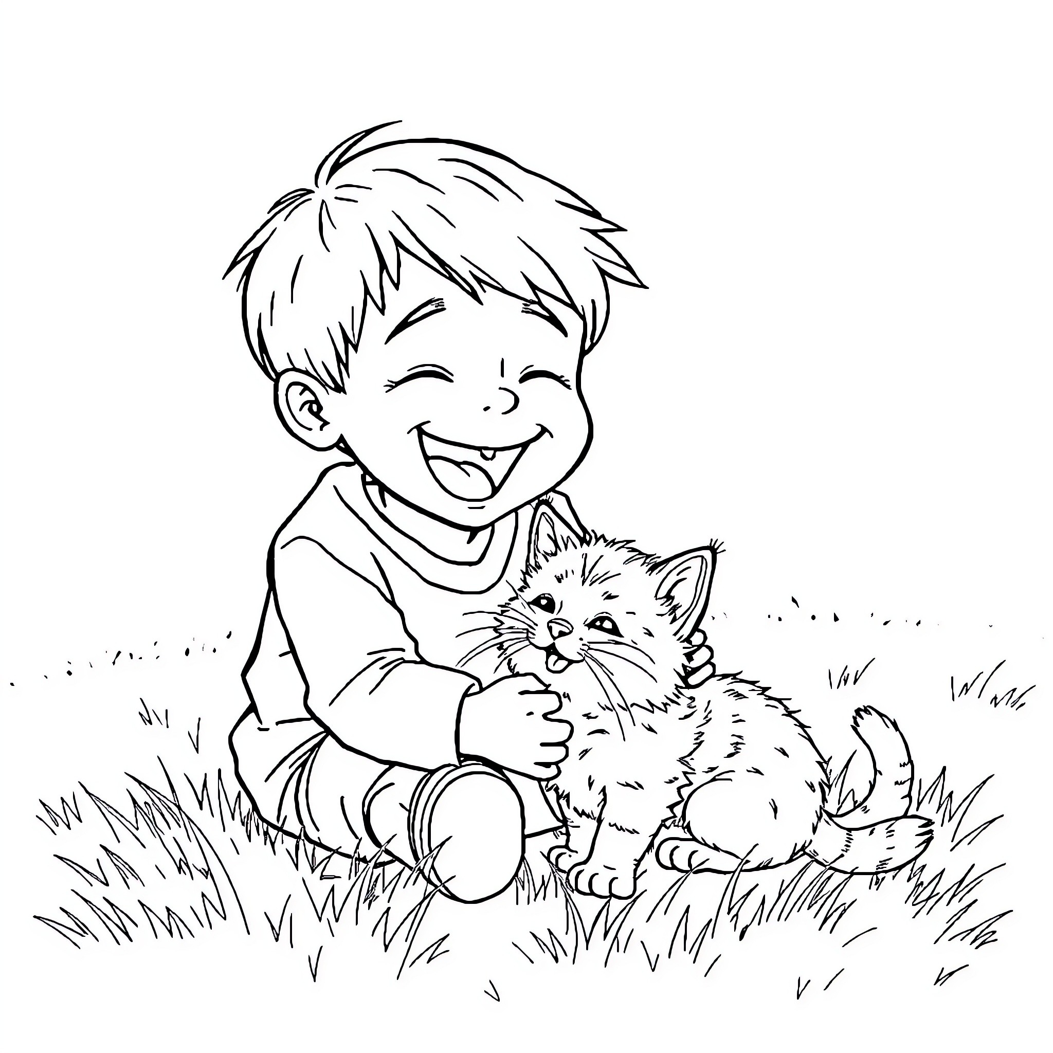 Boy joyfully playing with a kitten in the grass Coloring Page (free black-and-white line drawing printable PDF for all, from beginners to advanced learners, including children, teens, adults, and seniors)