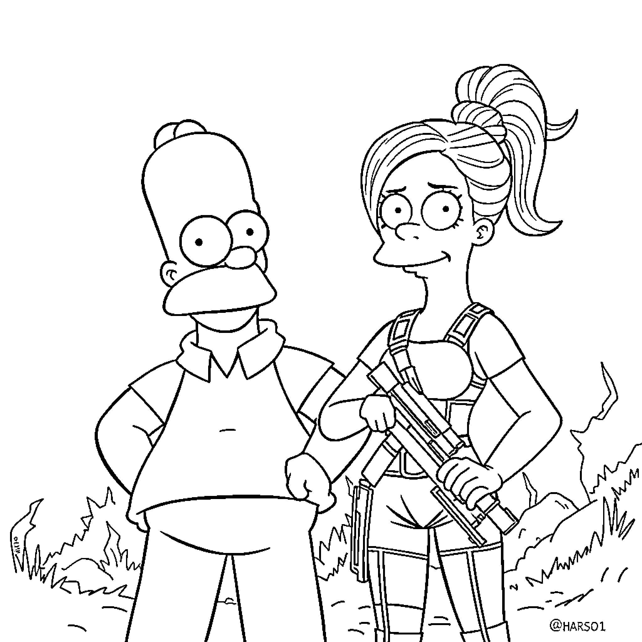 Homer Simpson and Marge exploring the outdoors Coloring Page (free black-and-white line drawing printable PDF for all, from beginners to advanced learners, including children, teens, adults, and seniors)