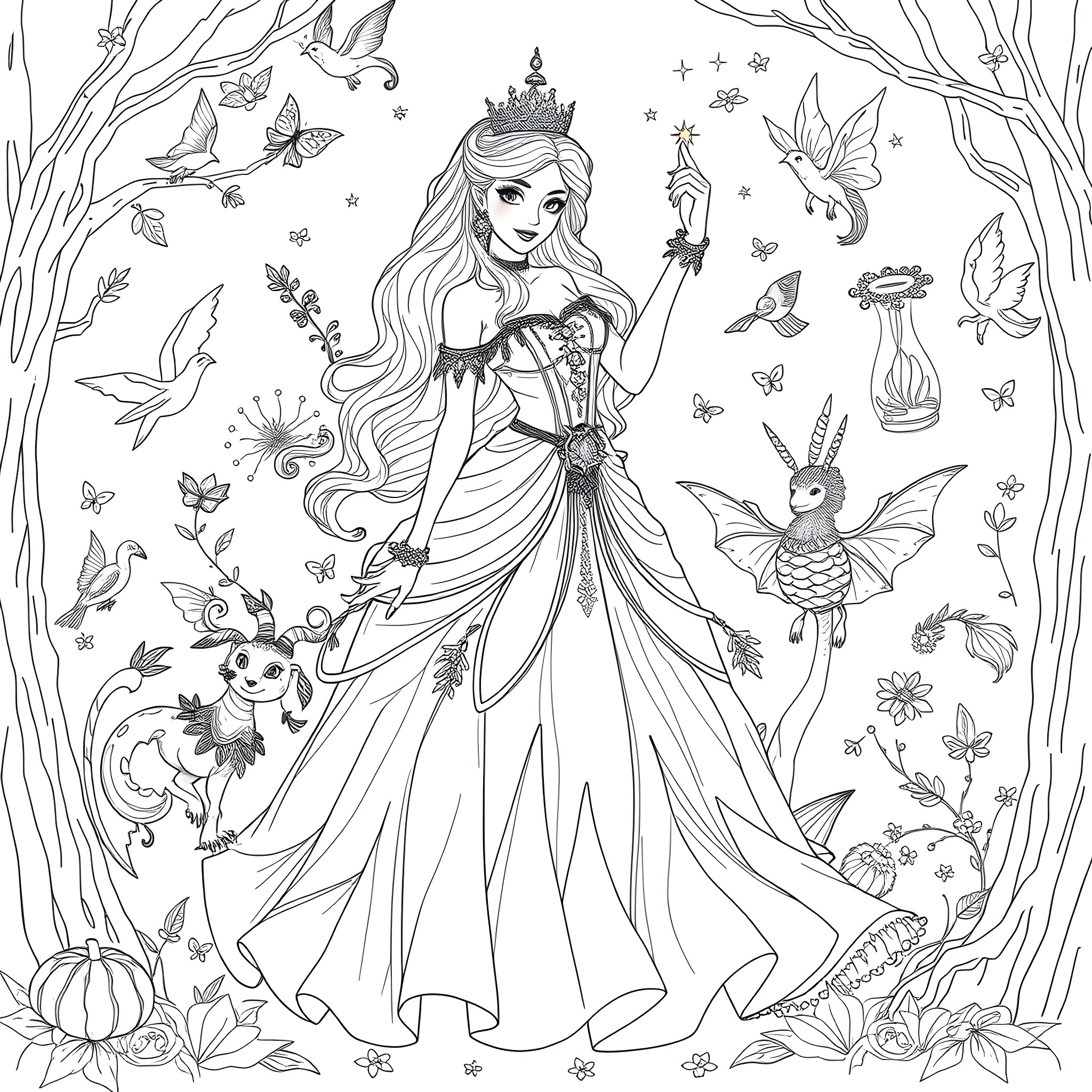 Cinderella's Enchanting Forest Adventure Coloring Page (free black-and-white line drawing printable PDF for all, from beginners to advanced learners, including children, teens, adults, and seniors)