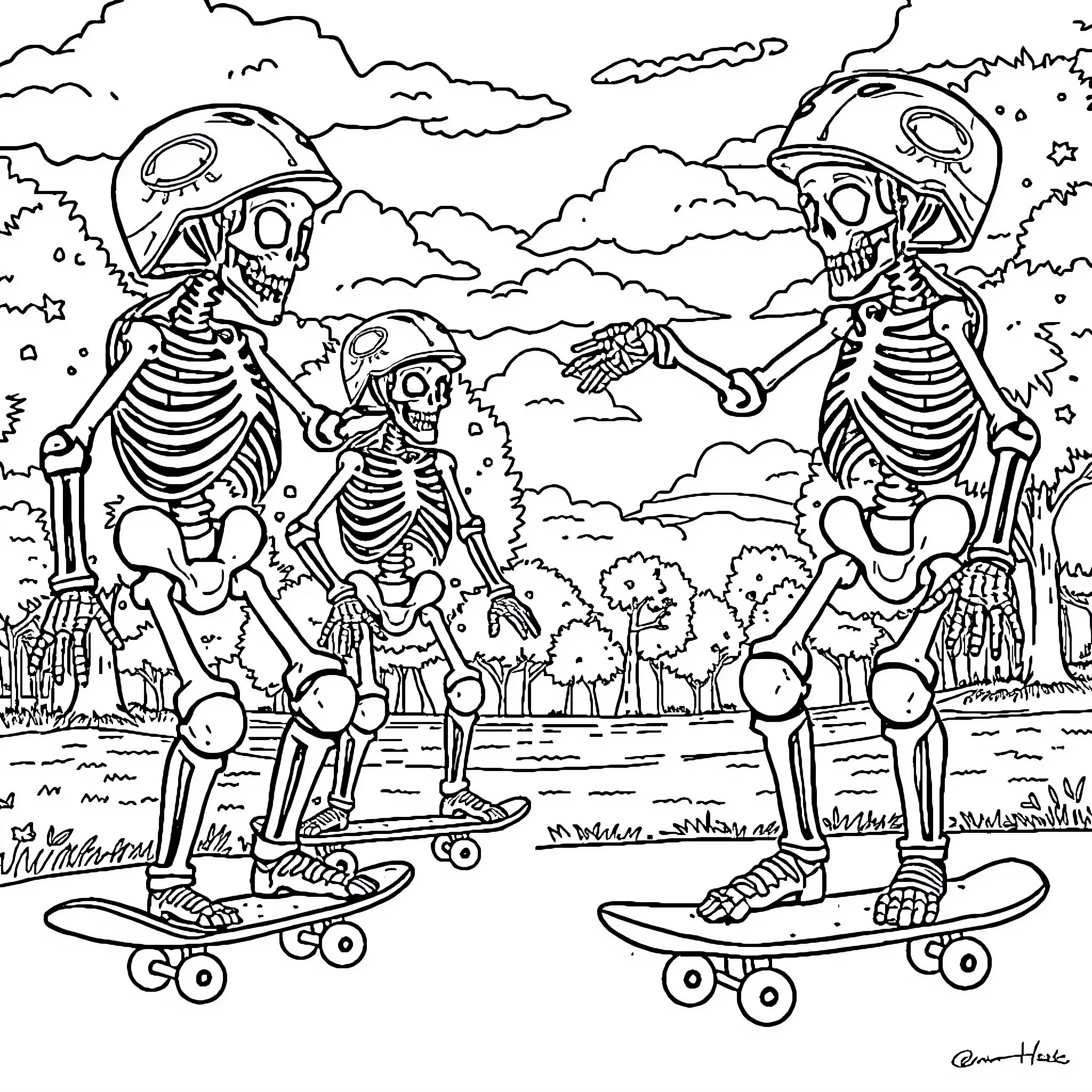 Skeleton Skateboarders Enjoying Outdoor Adventure Coloring Page (free black-and-white line drawing printable PDF for all, from beginners to advanced learners, including children, teens, adults, and seniors)