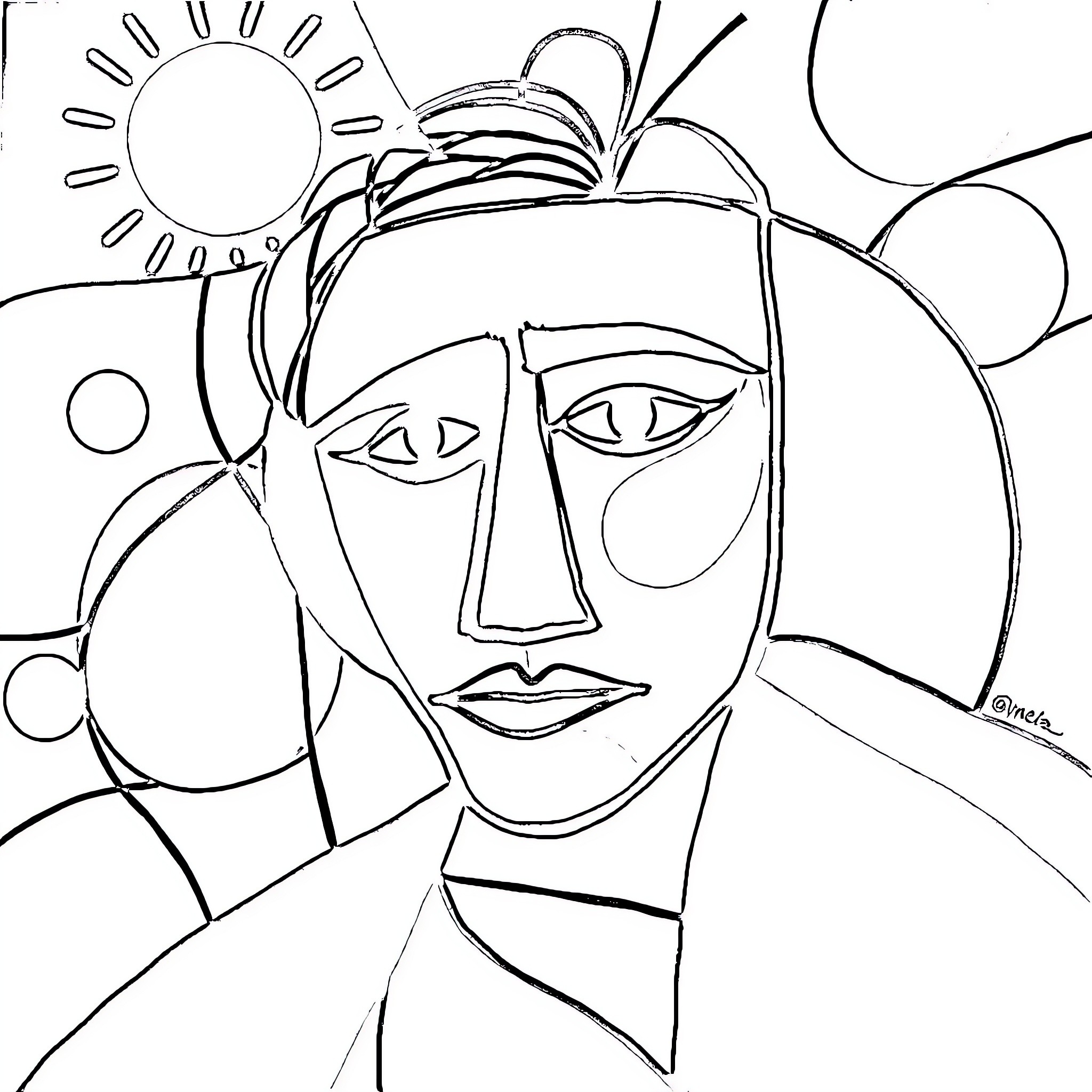 Picasso-Inspired Abstract Face with Sun and Shapes Coloring Page (free black-and-white line drawing printable PDF for all, from beginners to advanced learners, including children, teens, adults, and seniors)