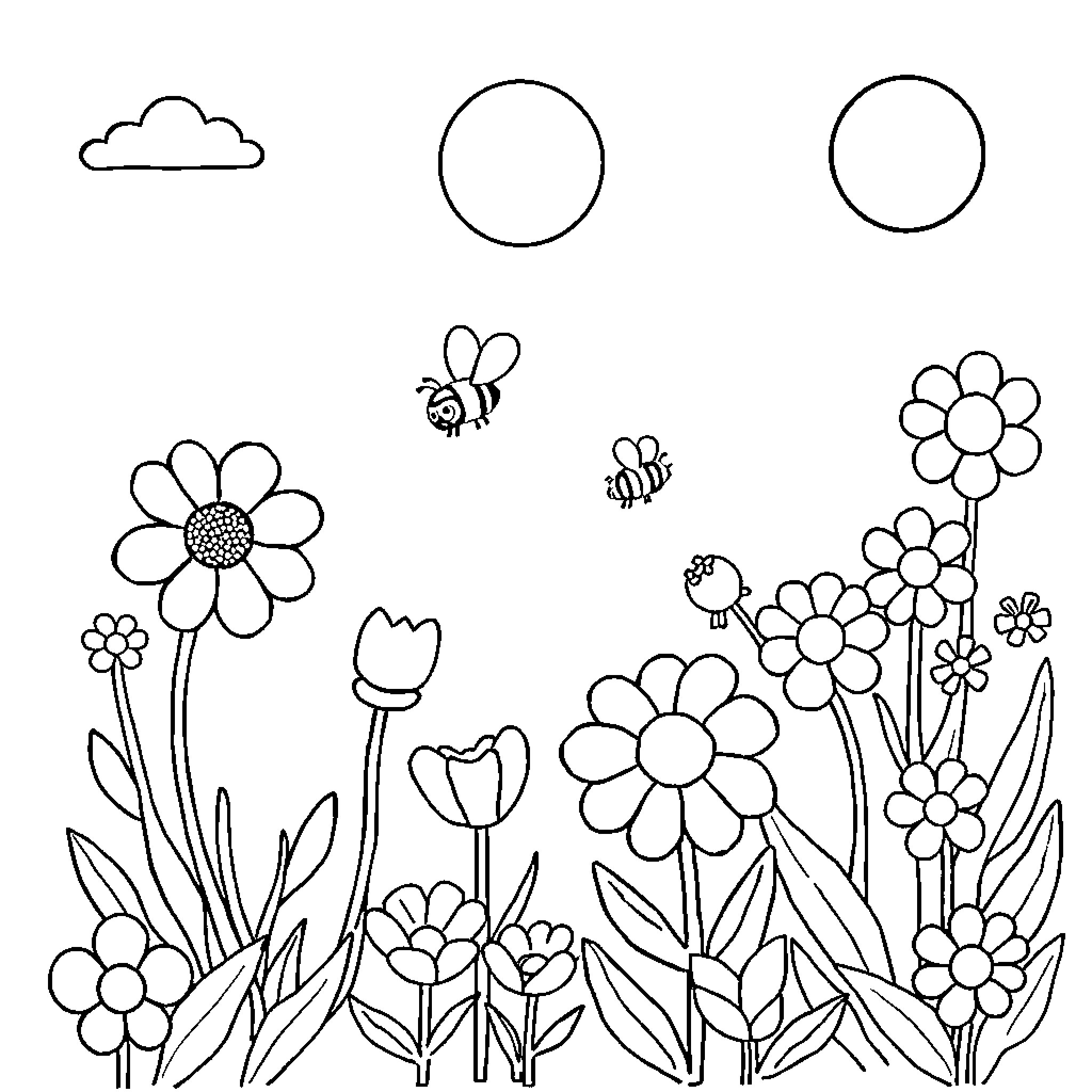 Flower garden with buzzing bees Coloring Page (free black-and-white line drawing printable PDF for all, from beginners to advanced learners, including children, teens, adults, and seniors)