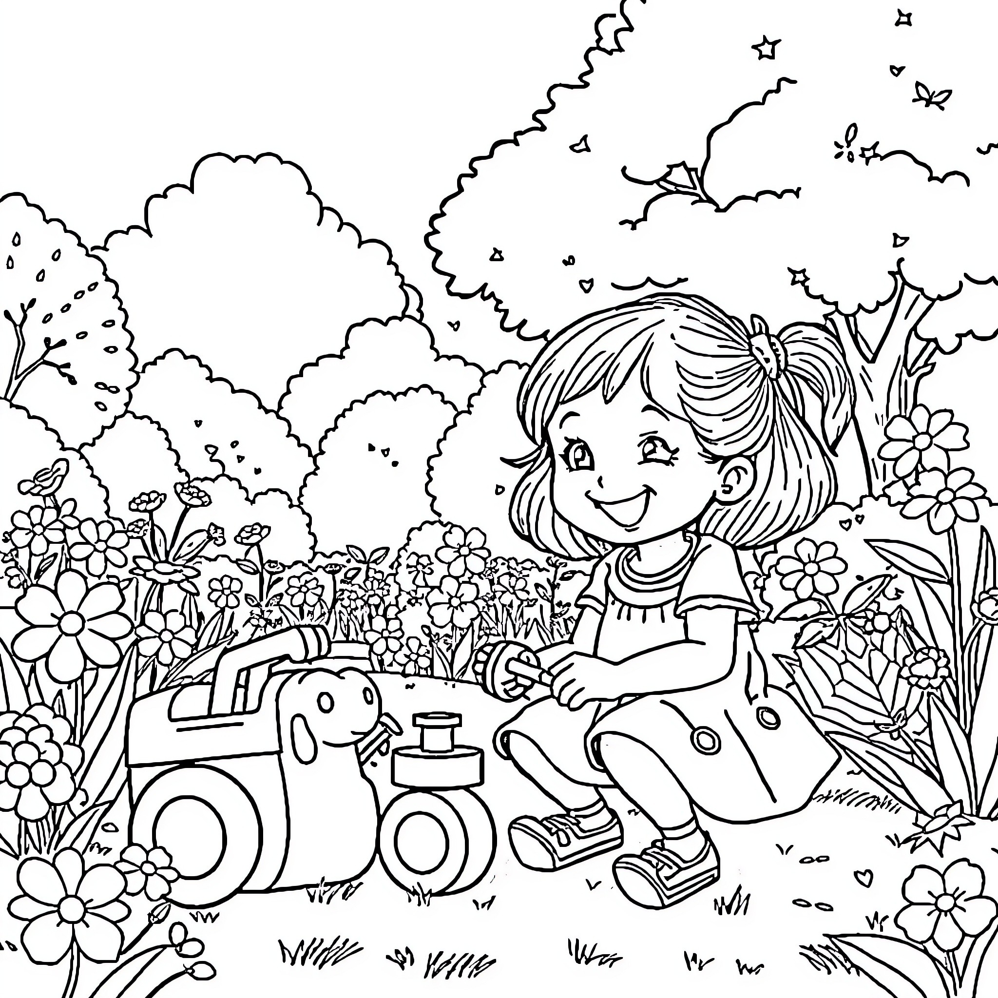 Girl playing with toy train in floral garden Coloring Page (free black-and-white line drawing printable PDF for all, from beginners to advanced learners, including children, teens, adults, and seniors)