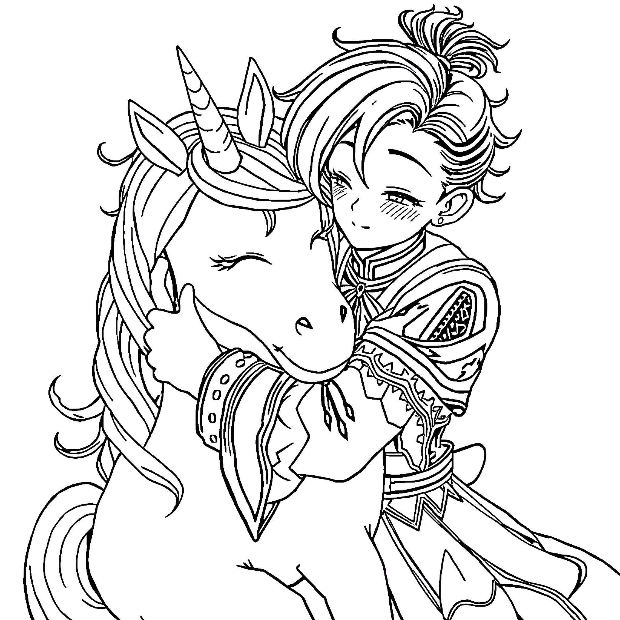 Nezuko and her Magical Unicorn Companion Coloring Page (free black-and-white line drawing printable PDF for all, from beginners to advanced learners, including children, teens, adults, and seniors)