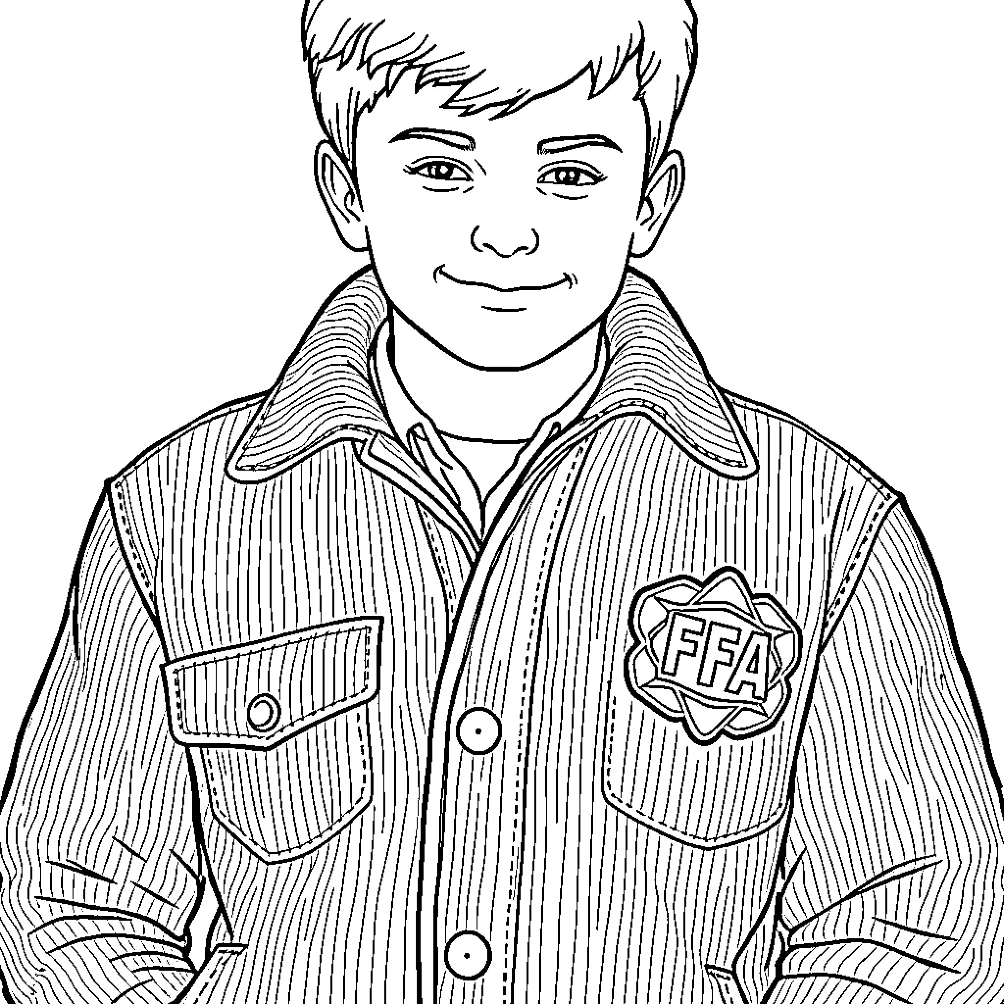 FFA Member Wearing Proud Uniform and Smiling Coloring Page (free black-and-white line drawing printable PDF for all, from beginners to advanced learners, including children, teens, adults, and seniors)