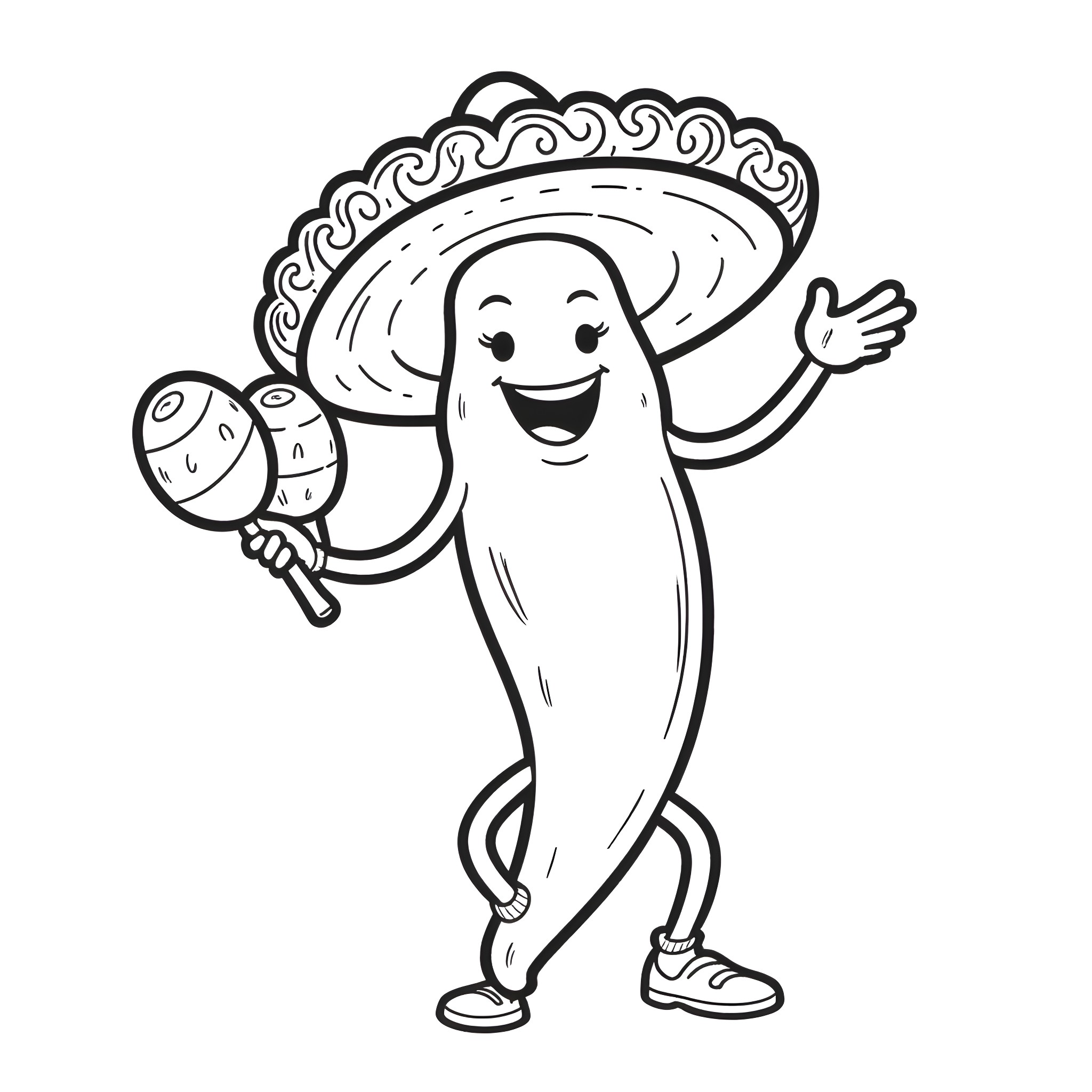 Jalapeno playing with maracas in a sombrero Coloring Page (free black-and-white line drawing printable PDF for all, from beginners to advanced learners, including children, teens, adults, and seniors)
