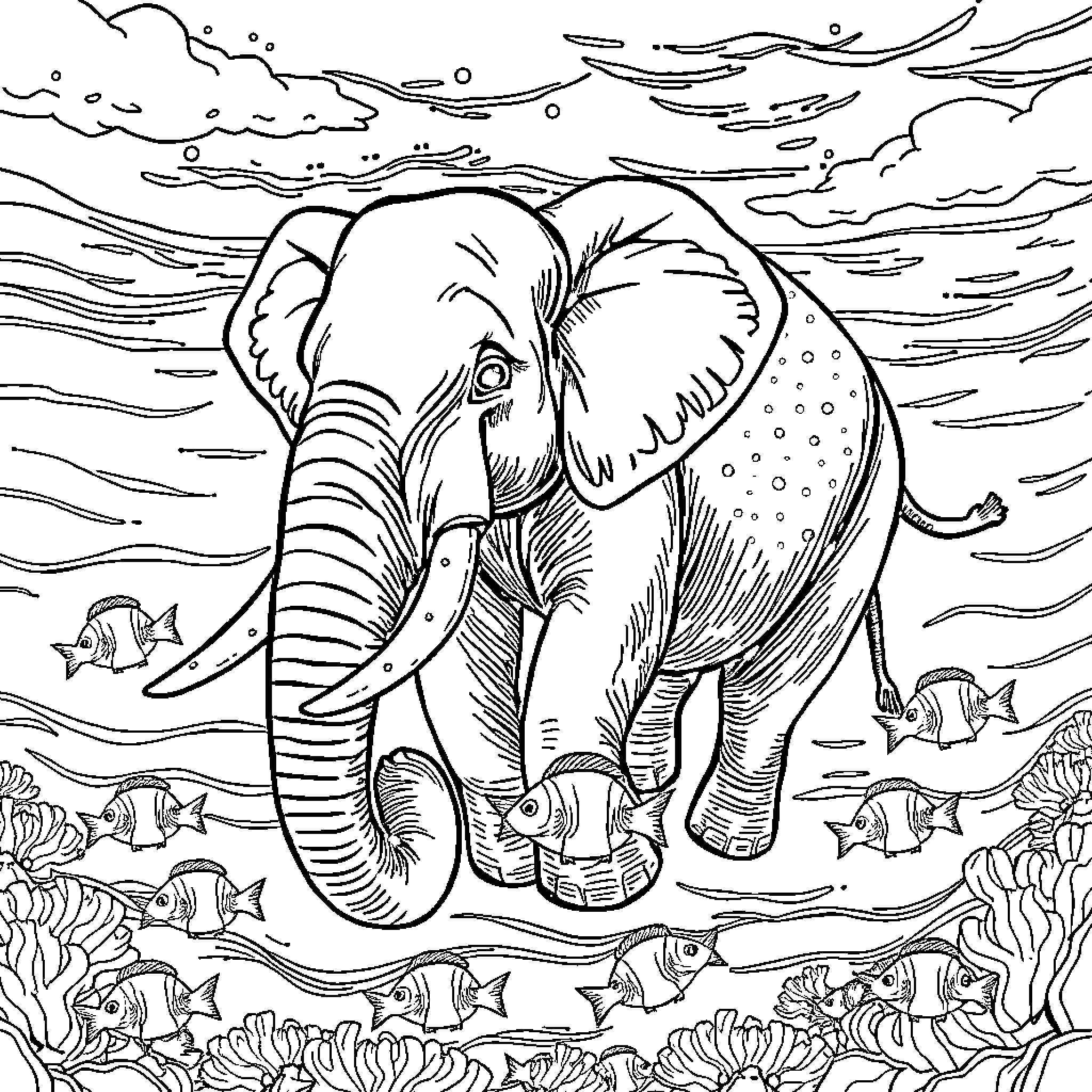 Elephant swimming amidst marine life Coloring Page (free black-and-white line drawing printable PDF for all, from beginners to advanced learners, including children, teens, adults, and seniors)