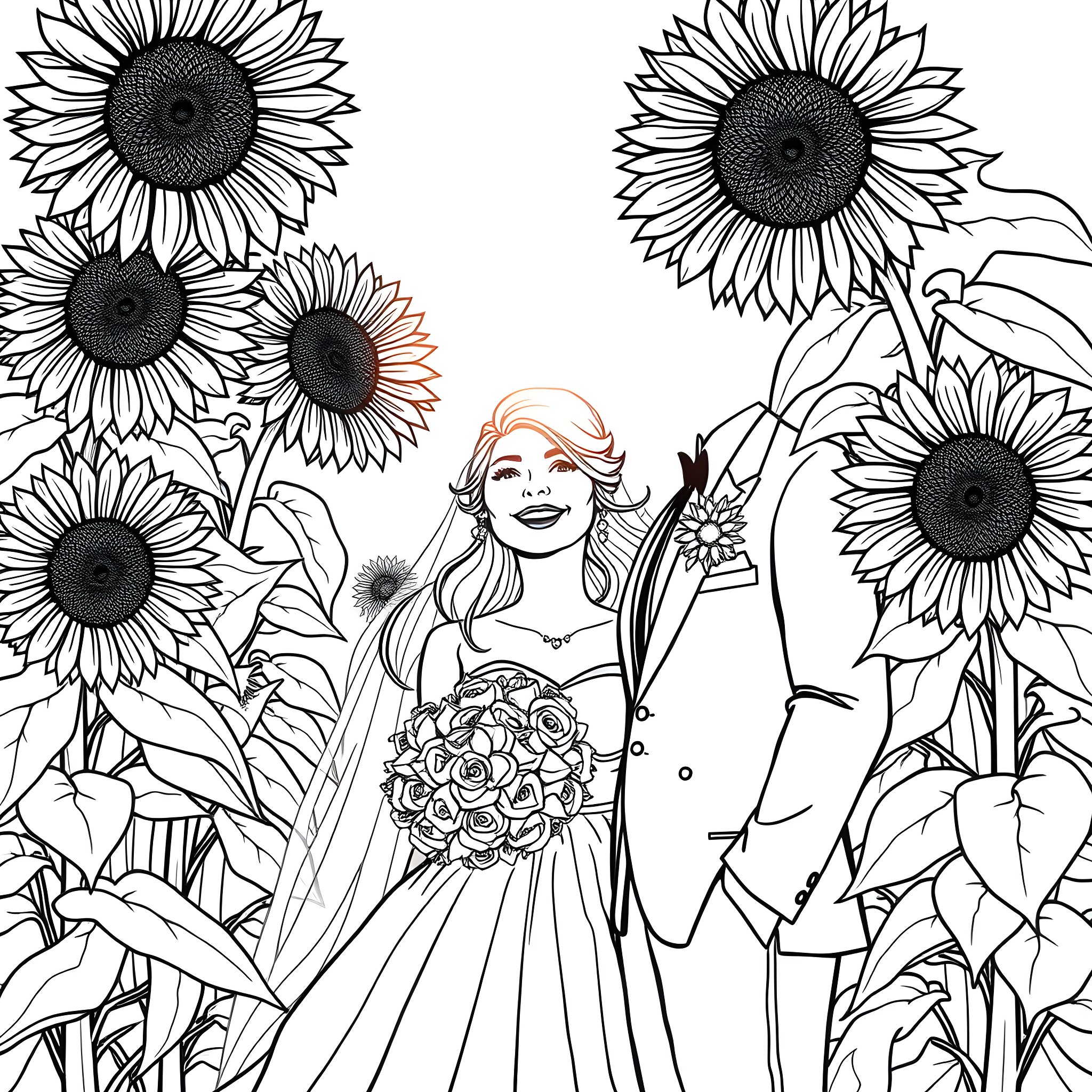 Bride Surrounded by Sunflowers in Garden Coloring Page (free black-and-white line drawing printable PDF for all, from beginners to advanced learners, including children, teens, adults, and seniors)