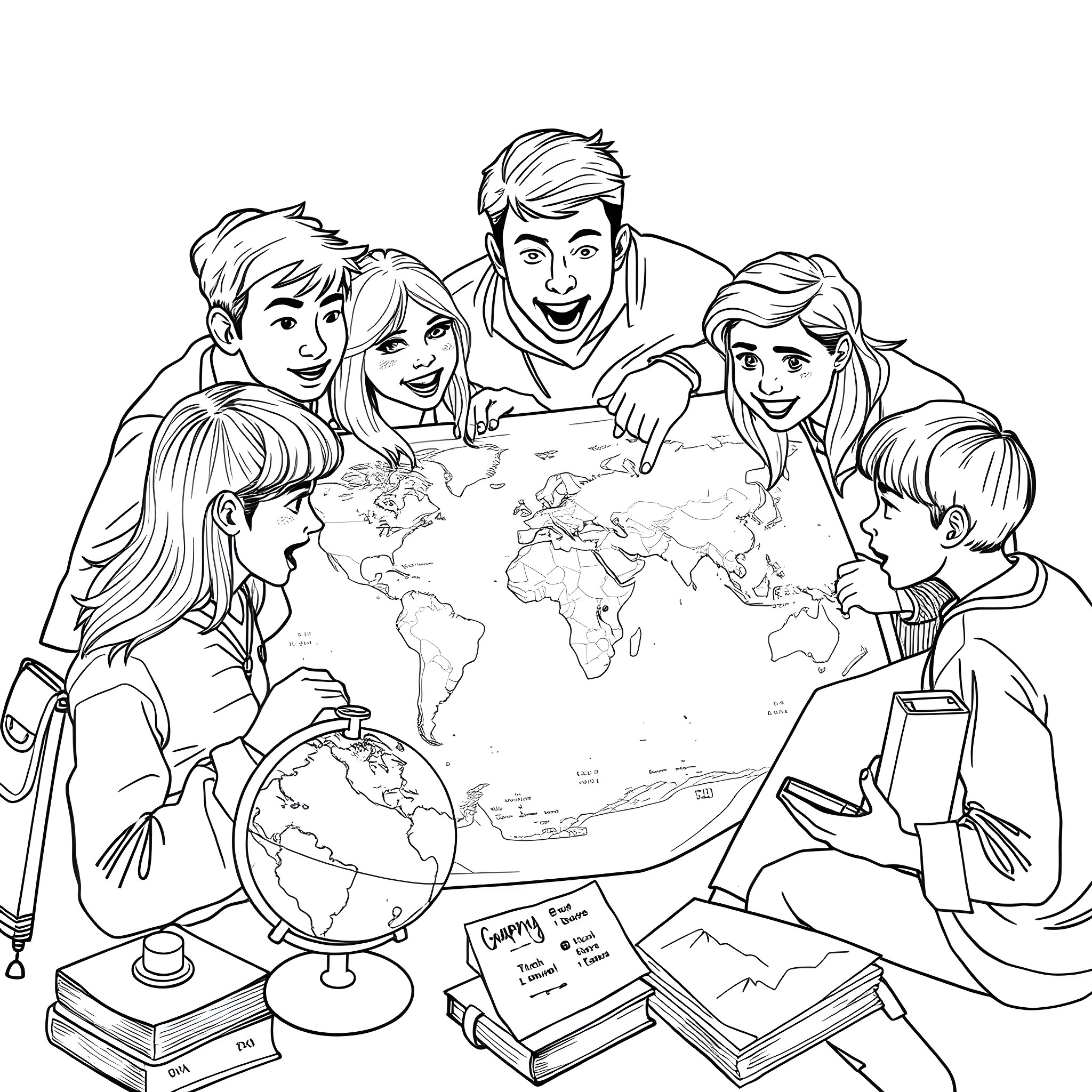 Students learning about geography and exploring the world map Coloring Page (free black-and-white line drawing printable PDF for all, from beginners to advanced learners, including children, teens, adults, and seniors)