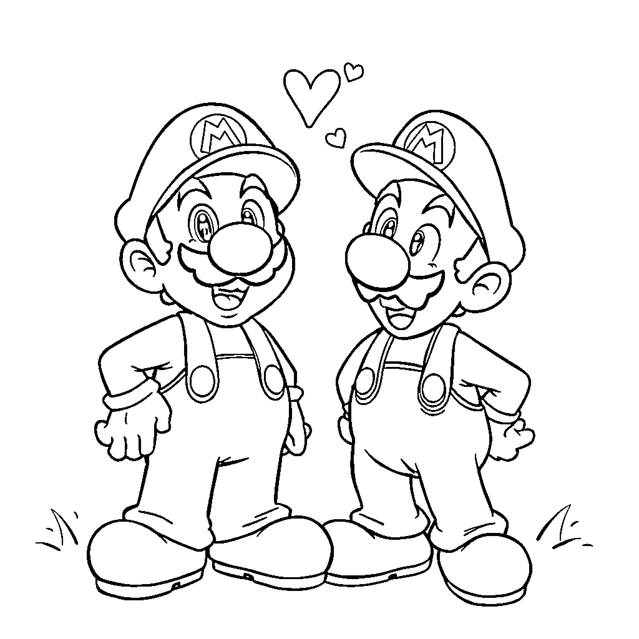 Mario and Luigi Expressing Affection Coloring Page (free black-and-white line drawing printable PDF for all, from beginners to advanced learners, including children, teens, adults, and seniors)