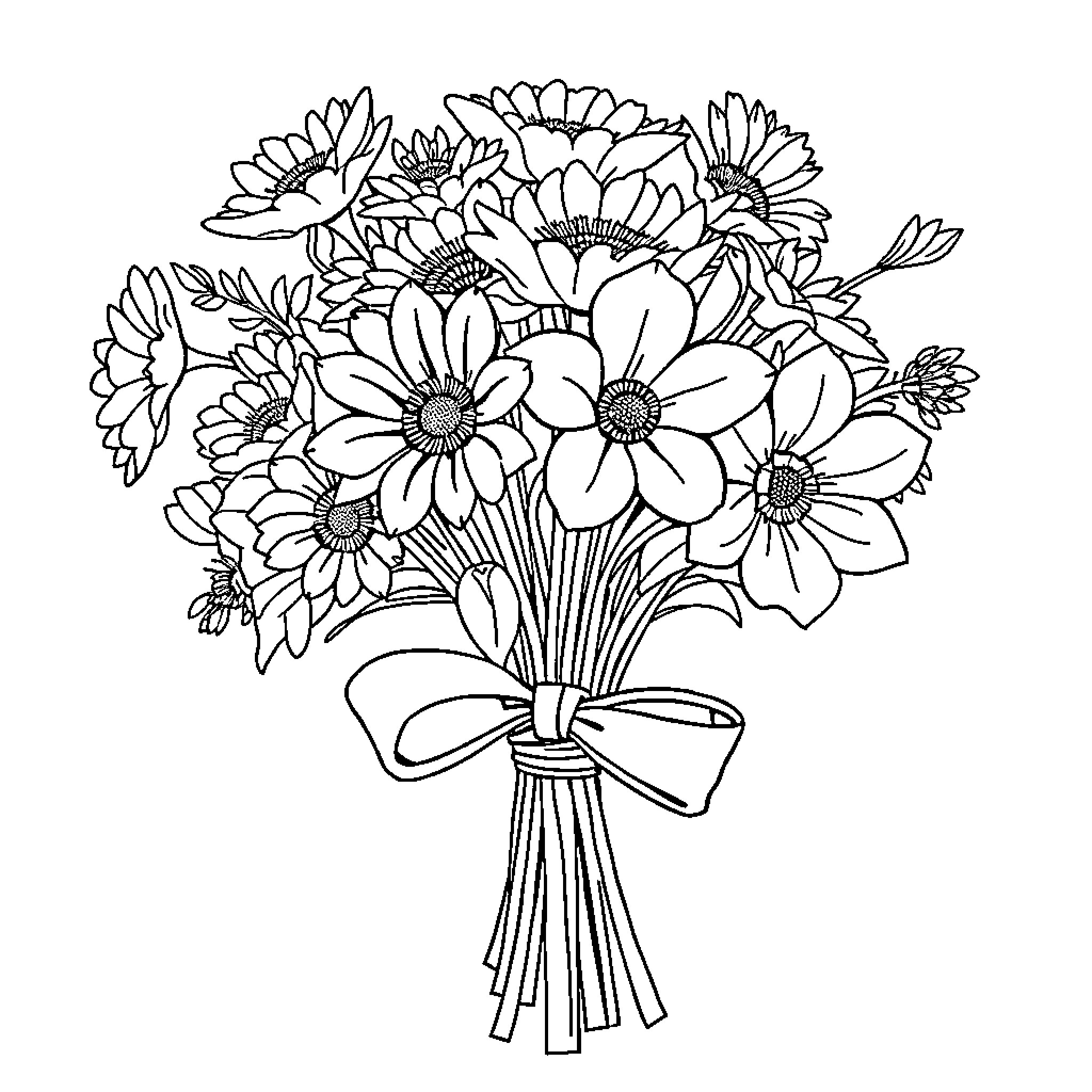 Flower Bouquet of Vibrant Daisies Coloring Page (free black-and-white line drawing printable PDF for all, from beginners to advanced learners, including children, teens, adults, and seniors)