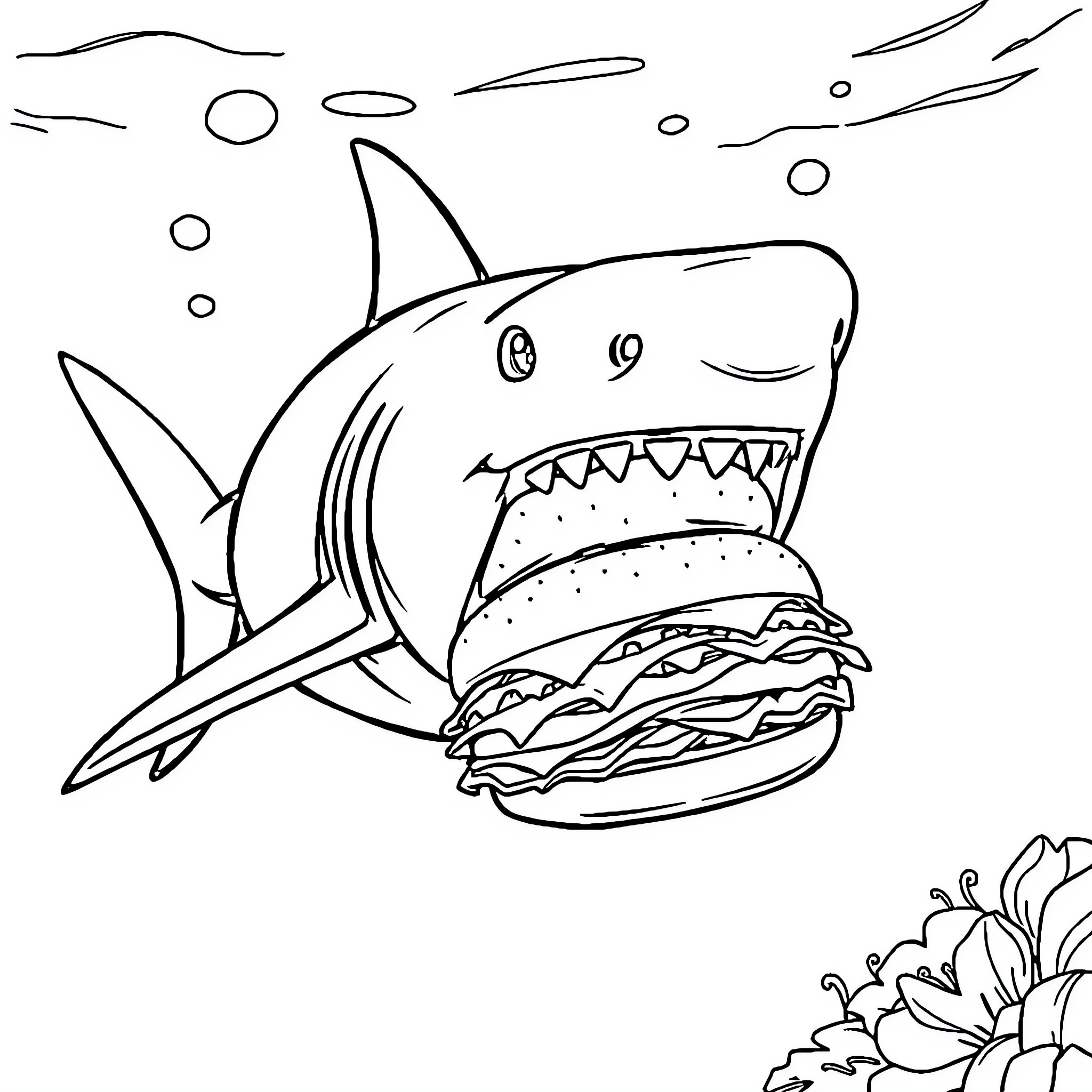 Shark enjoys a tasty burger underwater Coloring Page (free black-and-white line drawing printable PDF for all, from beginners to advanced learners, including children, teens, adults, and seniors)