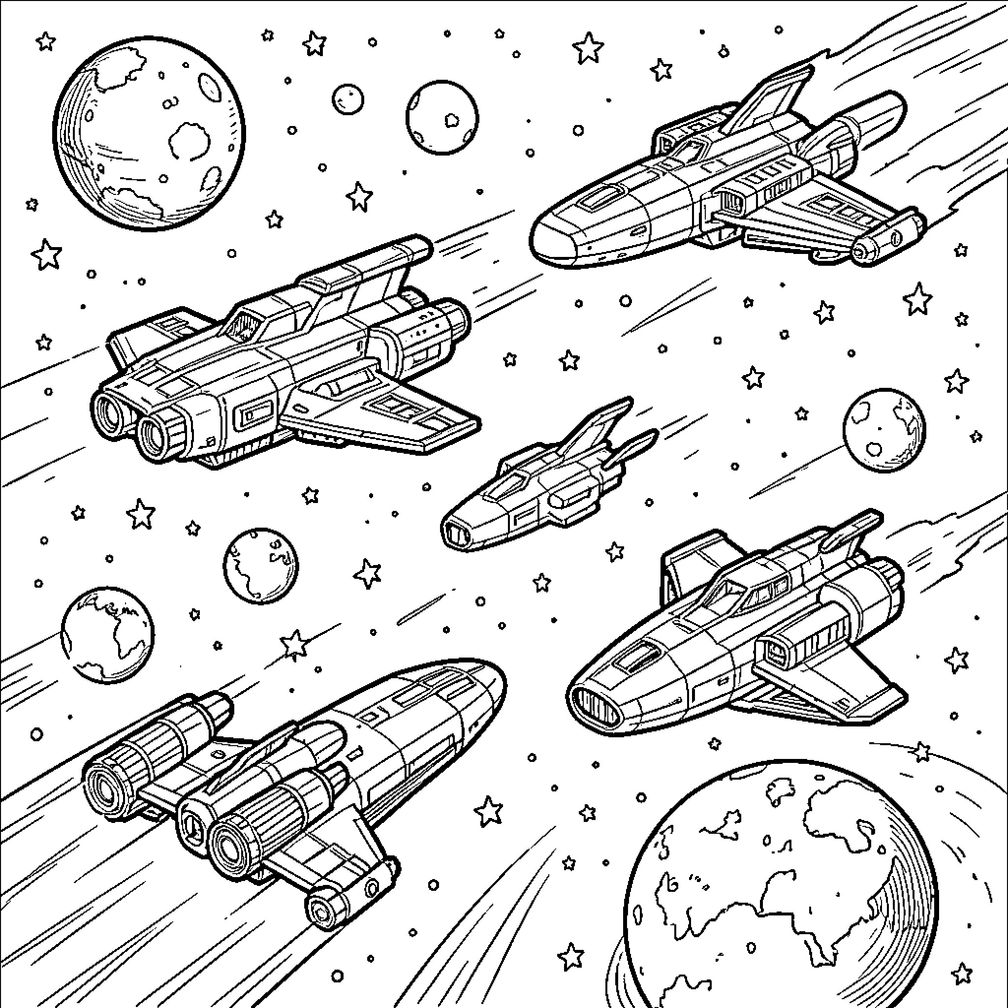 Sci-Fi Spaceships Soaring Through Cosmic Landscape Coloring Page (free black-and-white line drawing printable PDF for all, from beginners to advanced learners, including children, teens, adults, and seniors)
