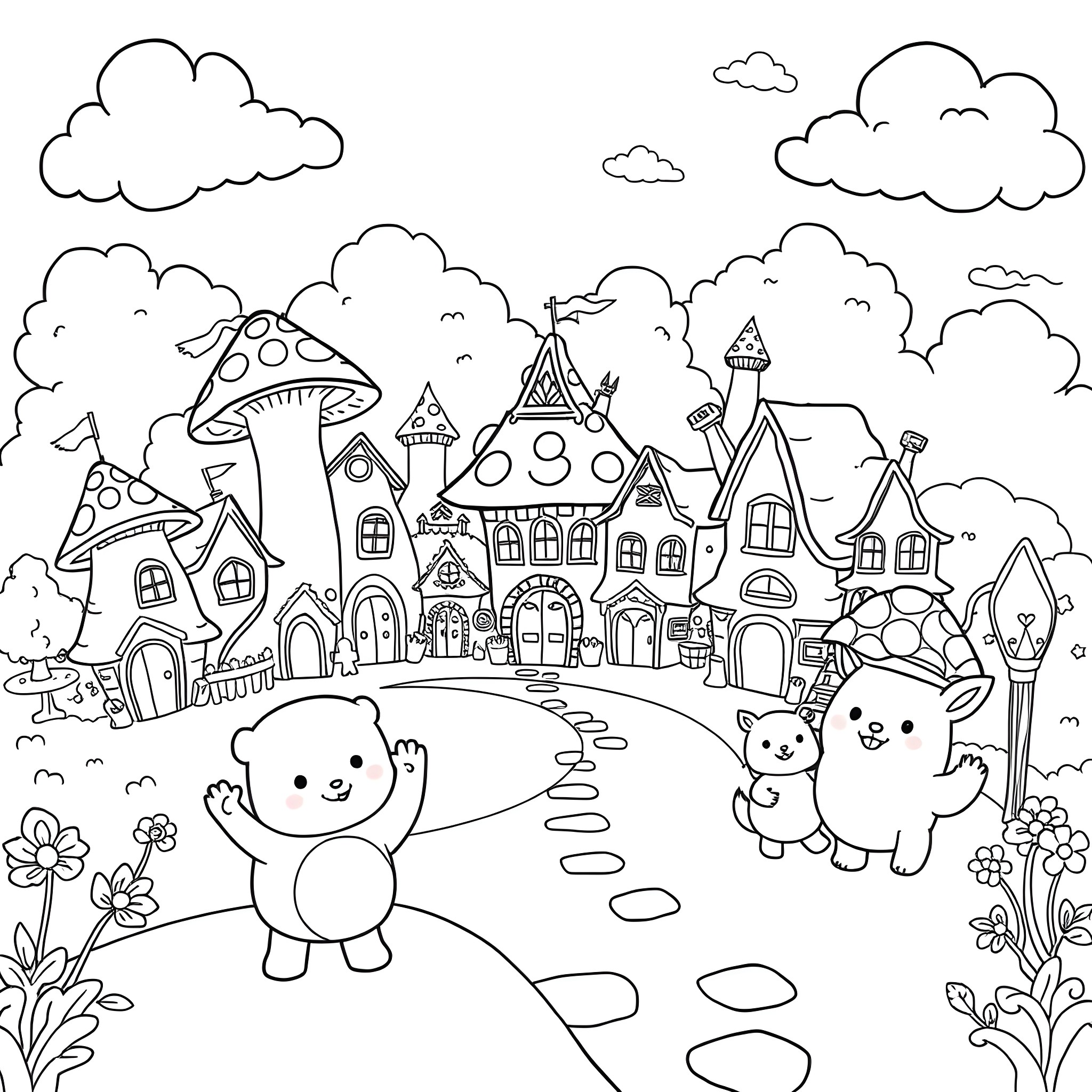Town with whimsical houses, mushrooms, and friendly creatures Coloring Page (free black-and-white line drawing printable PDF for all, from beginners to advanced learners, including children, teens, adults, and seniors)