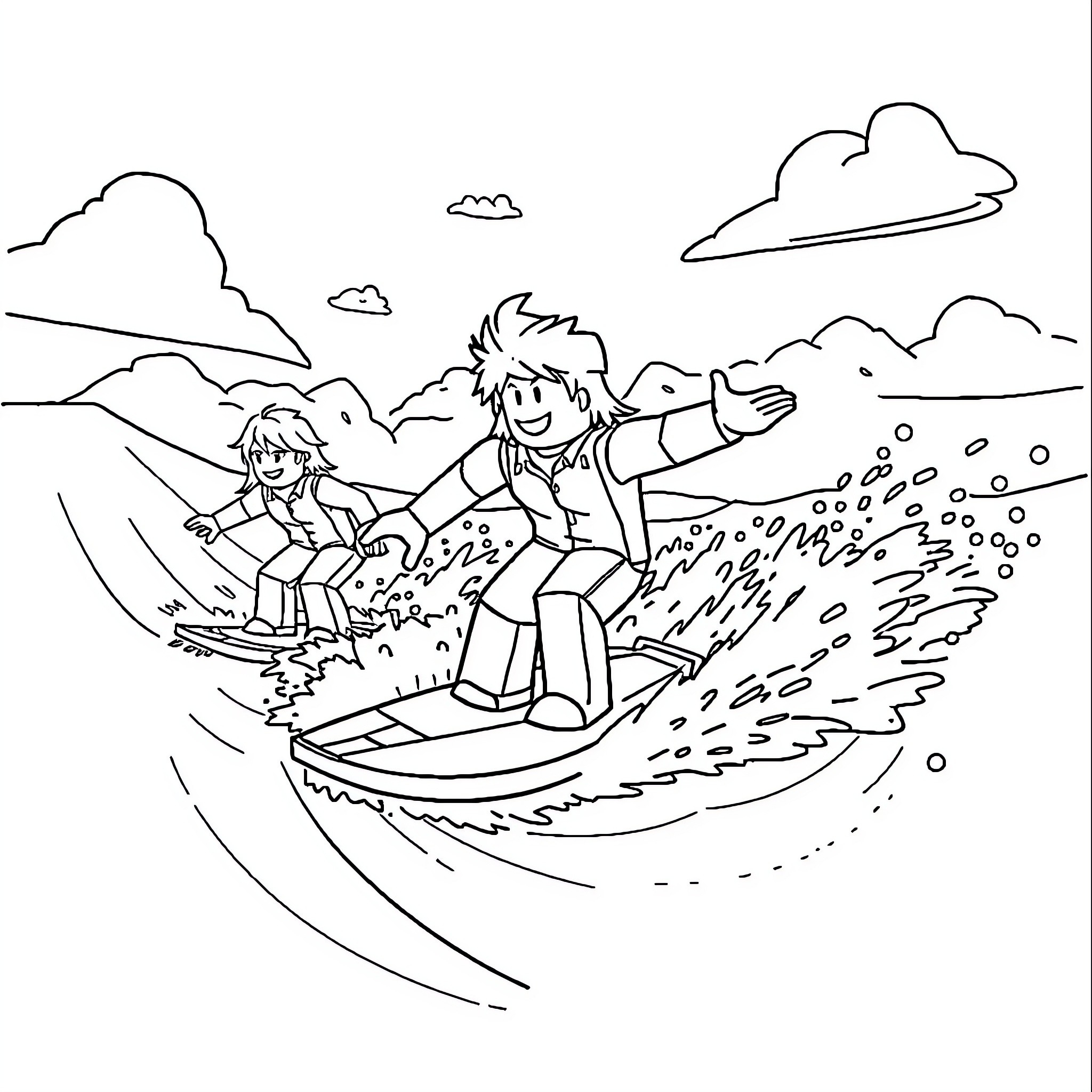 Roblox Characters Surfing in the Ocean Coloring Page (free black-and-white line drawing printable PDF for all, from beginners to advanced learners, including children, teens, adults, and seniors)