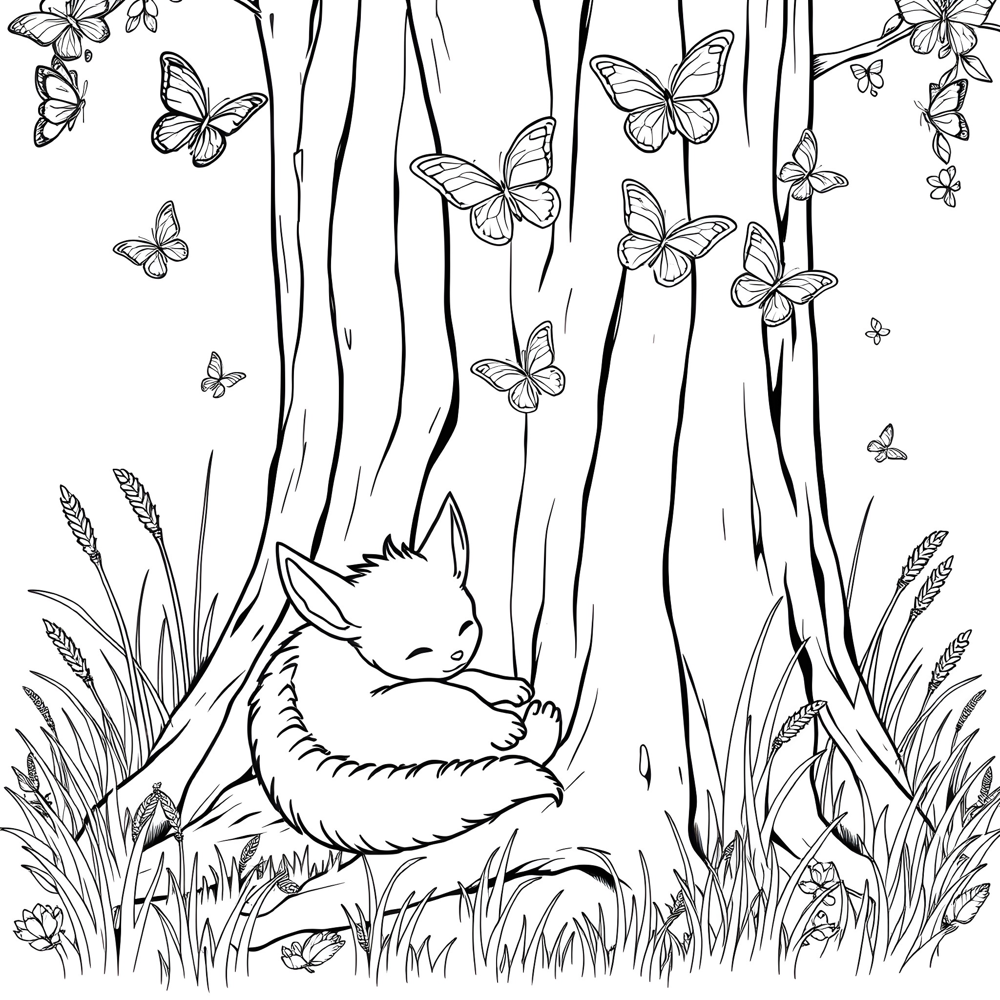 Whismur sleeping peacefully in the forest with butterflies Coloring Page (free black-and-white line drawing printable PDF for all, from beginners to advanced learners, including children, teens, adults, and seniors)