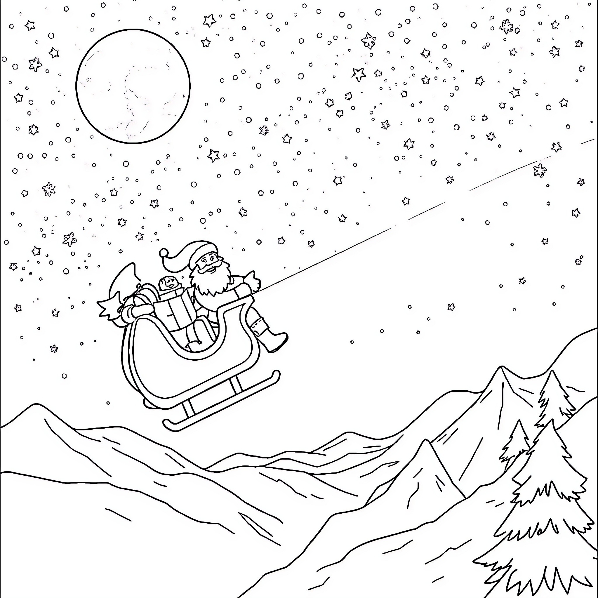 Santa riding his sleigh across a snowy landscape Coloring Page (free black-and-white line drawing printable PDF for all, from beginners to advanced learners, including children, teens, adults, and seniors)