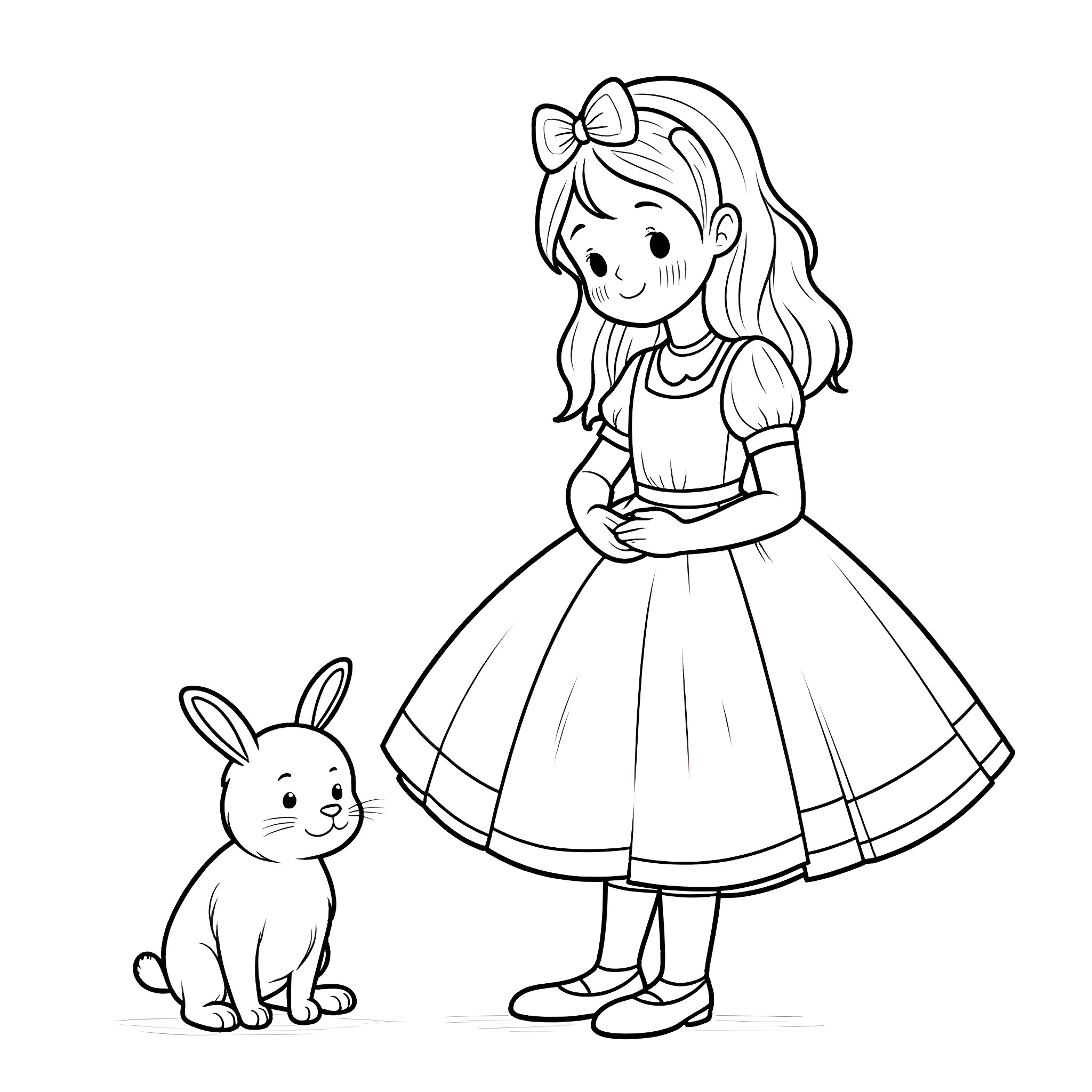 Alice exploring with her adorable bunny friend Coloring Page (free black-and-white line drawing printable PDF for all, from beginners to advanced learners, including children, teens, adults, and seniors)