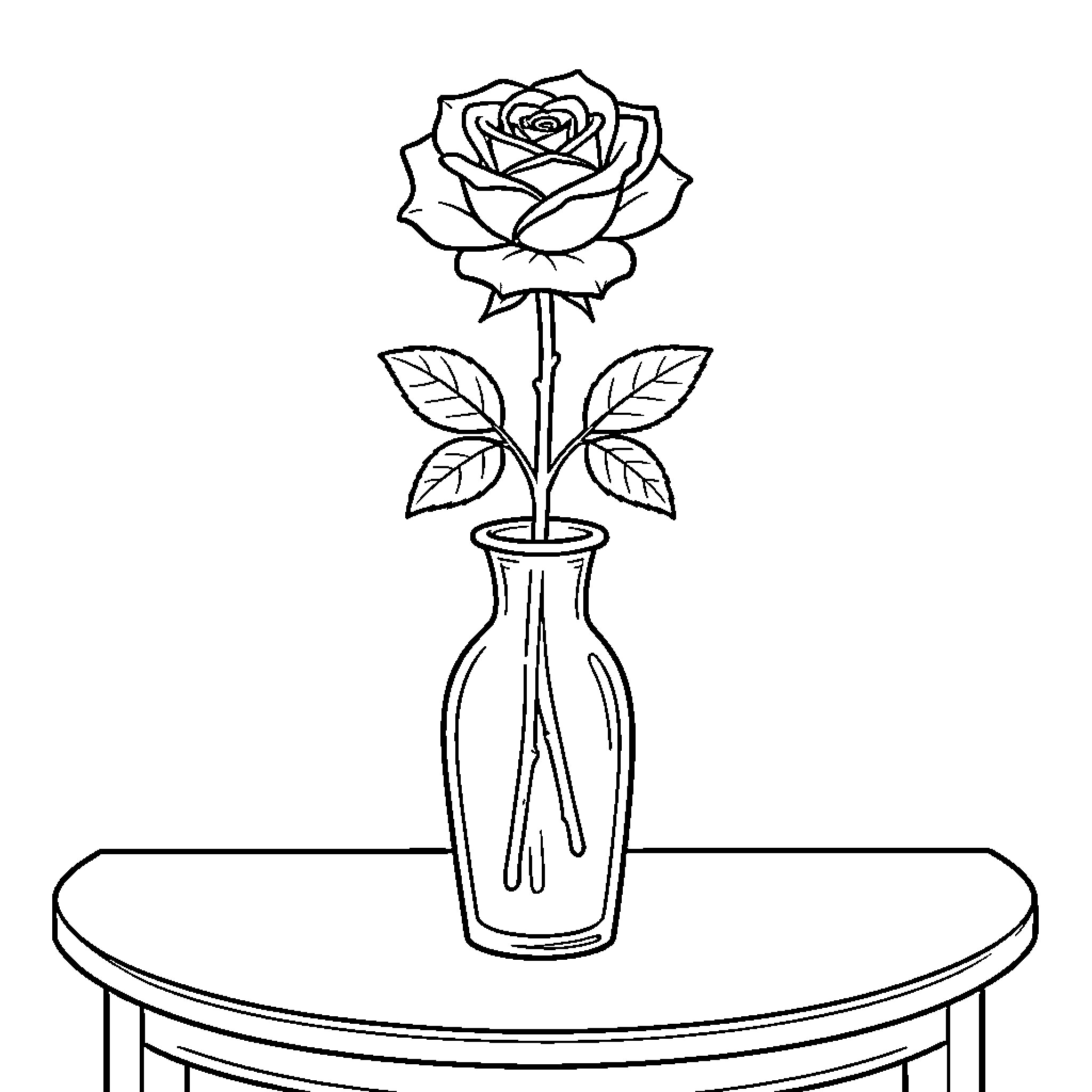 Rose standing elegantly in a vase on a table Coloring Page (free black-and-white line drawing printable PDF for all, from beginners to advanced learners, including children, teens, adults, and seniors)