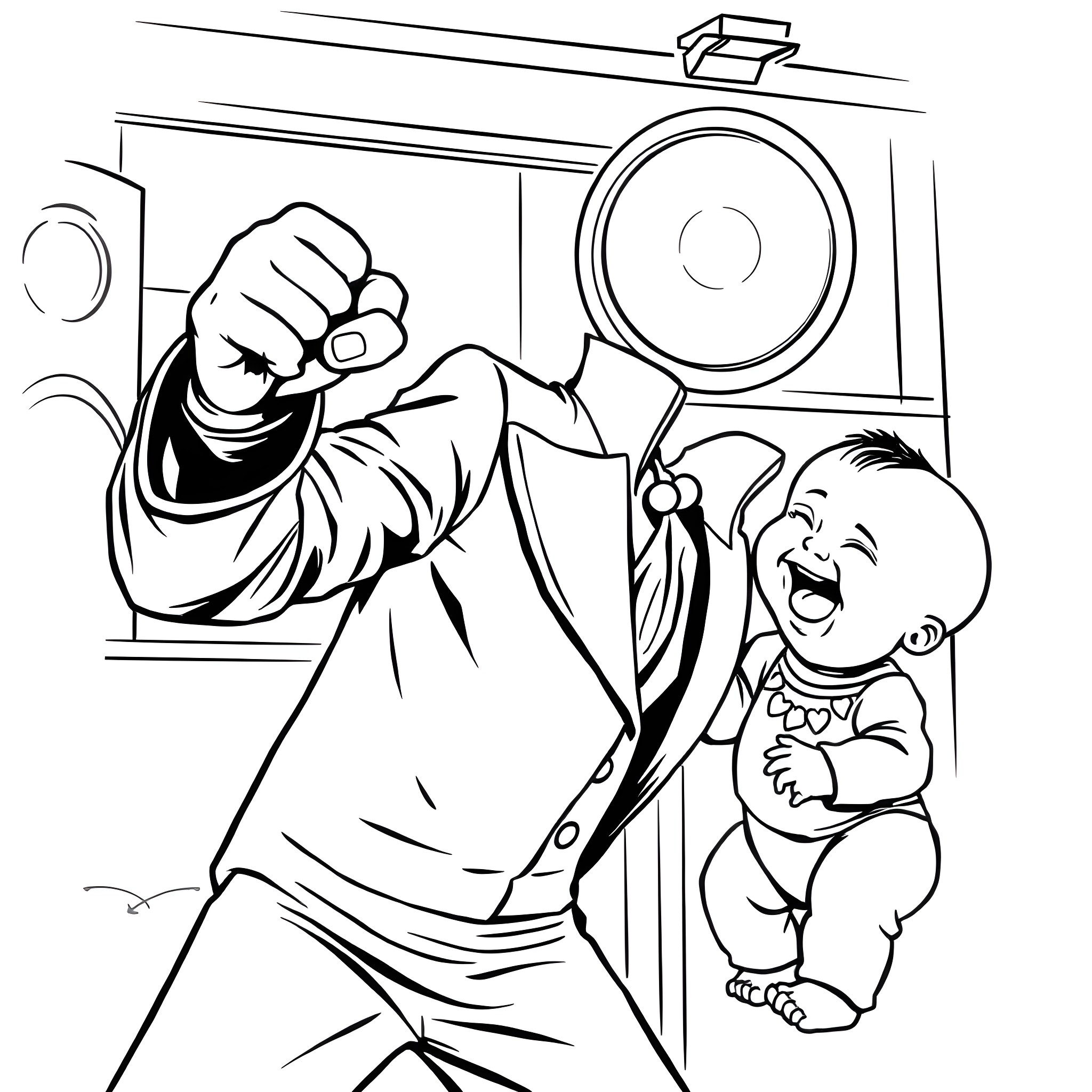 Elvis Performing on Stage with Excited Fan Coloring Page (free black-and-white line drawing printable PDF for all, from beginners to advanced learners, including children, teens, adults, and seniors)