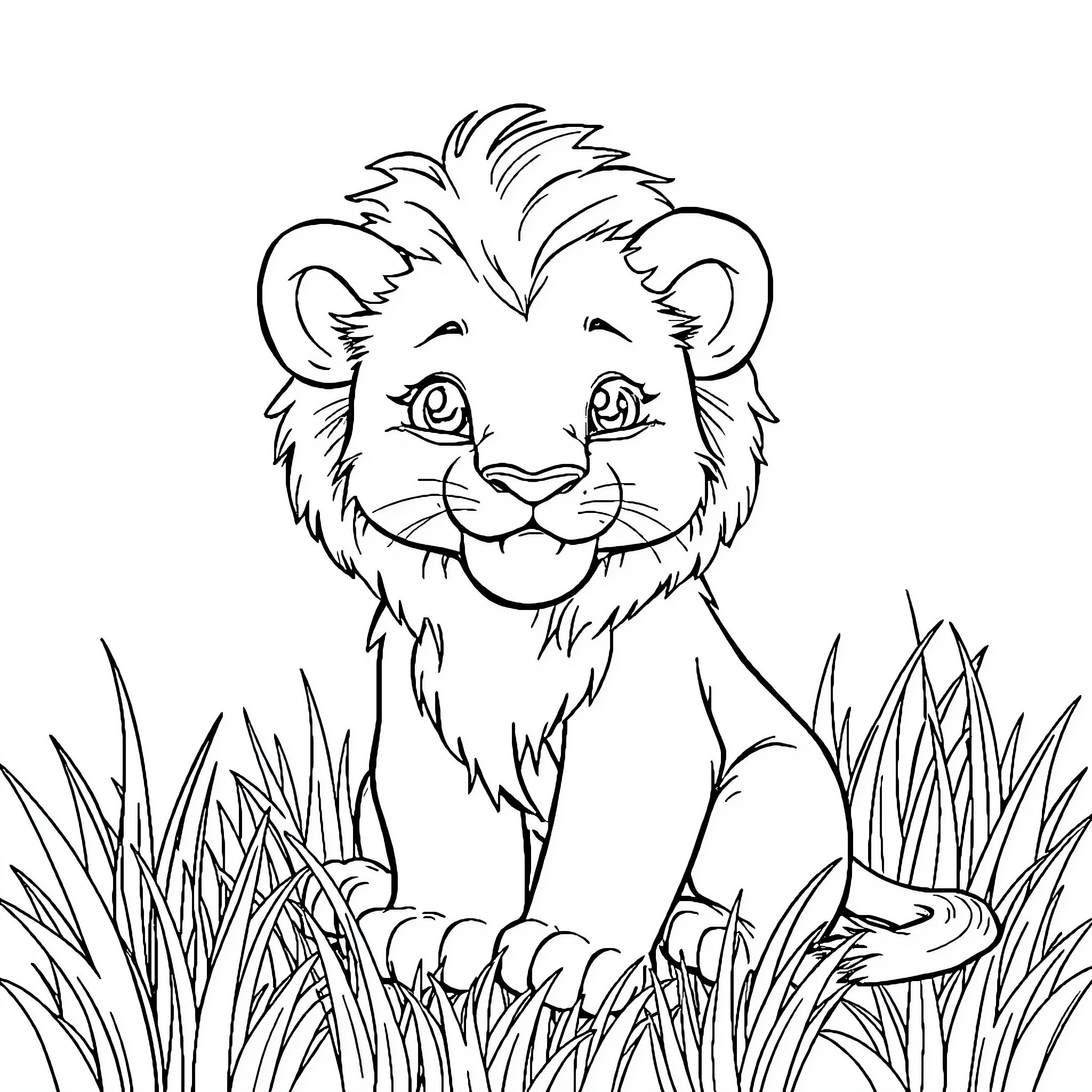 Lion cub smiling happily in tall grass Coloring Page (free black-and-white line drawing printable PDF for all, from beginners to advanced learners, including children, teens, adults, and seniors)