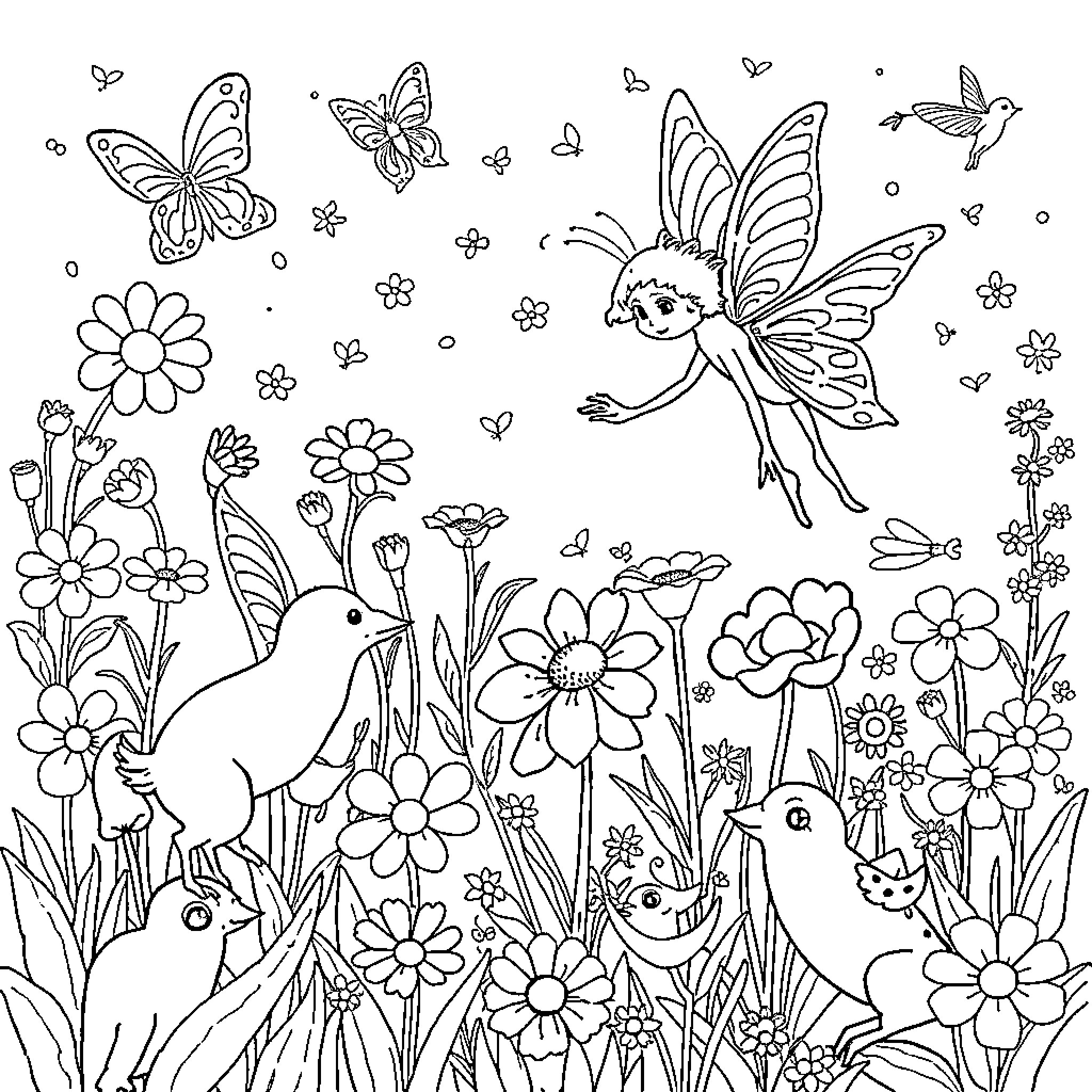 Fairy creatures dancing in a floral wonderland Coloring Page (free black-and-white line drawing printable PDF for all, from beginners to advanced learners, including children, teens, adults, and seniors)