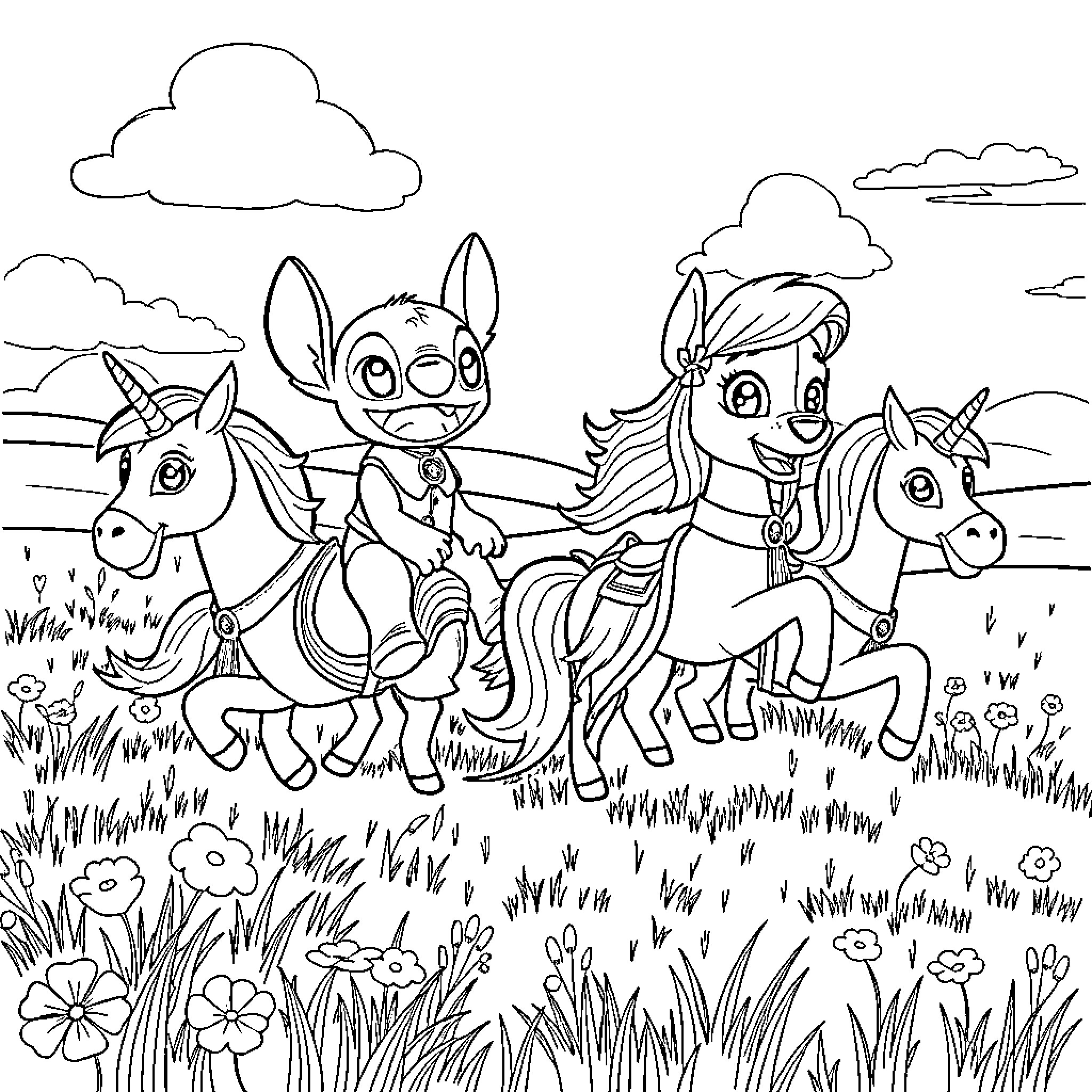 Unicorn Friends Enjoying a Countryside Adventure Coloring Page (free black-and-white line drawing printable PDF for all, from beginners to advanced learners, including children, teens, adults, and seniors)