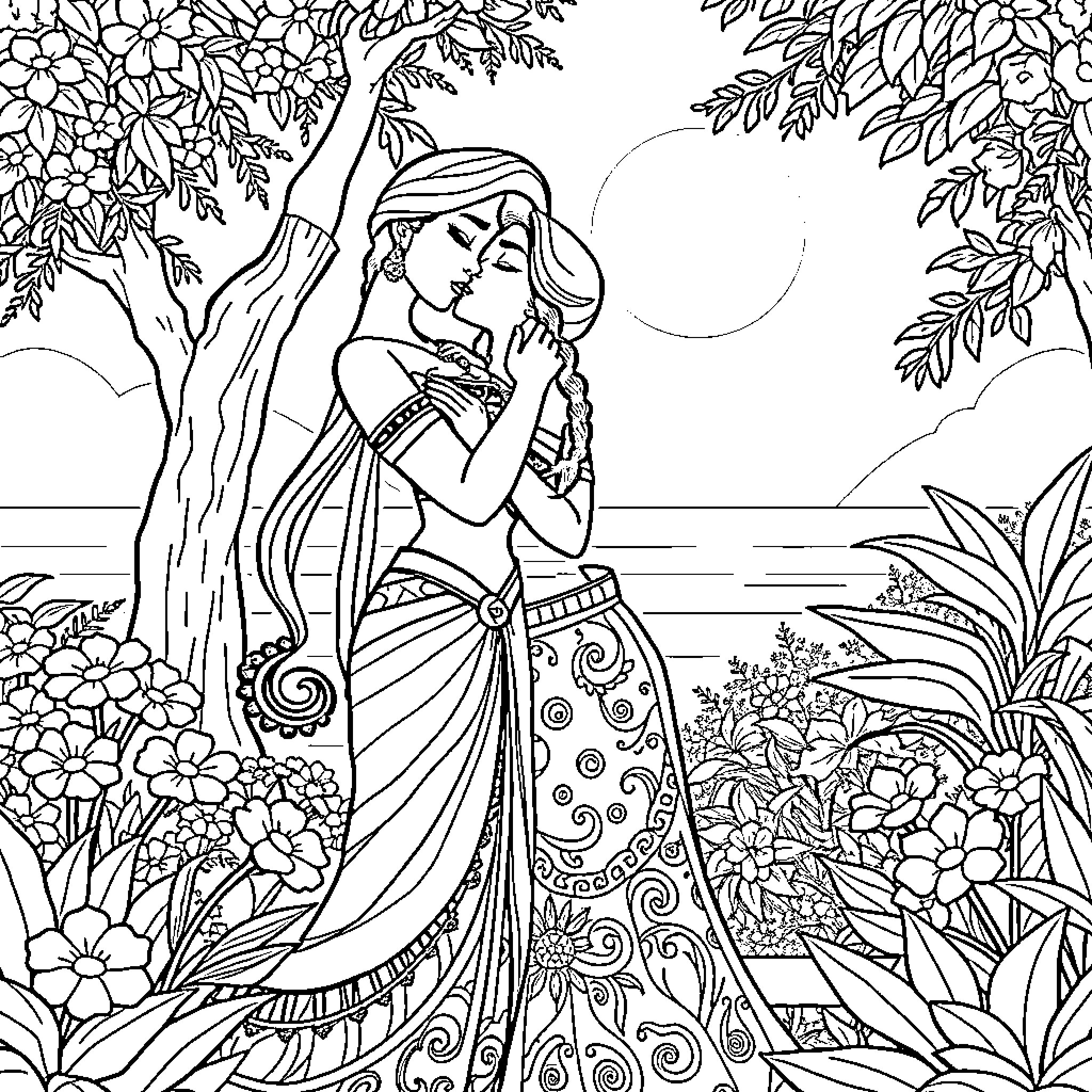 Princess Embracing in Enchanting Floral Landscape Coloring Page (free black-and-white line drawing printable PDF for all, from beginners to advanced learners, including children, teens, adults, and seniors)