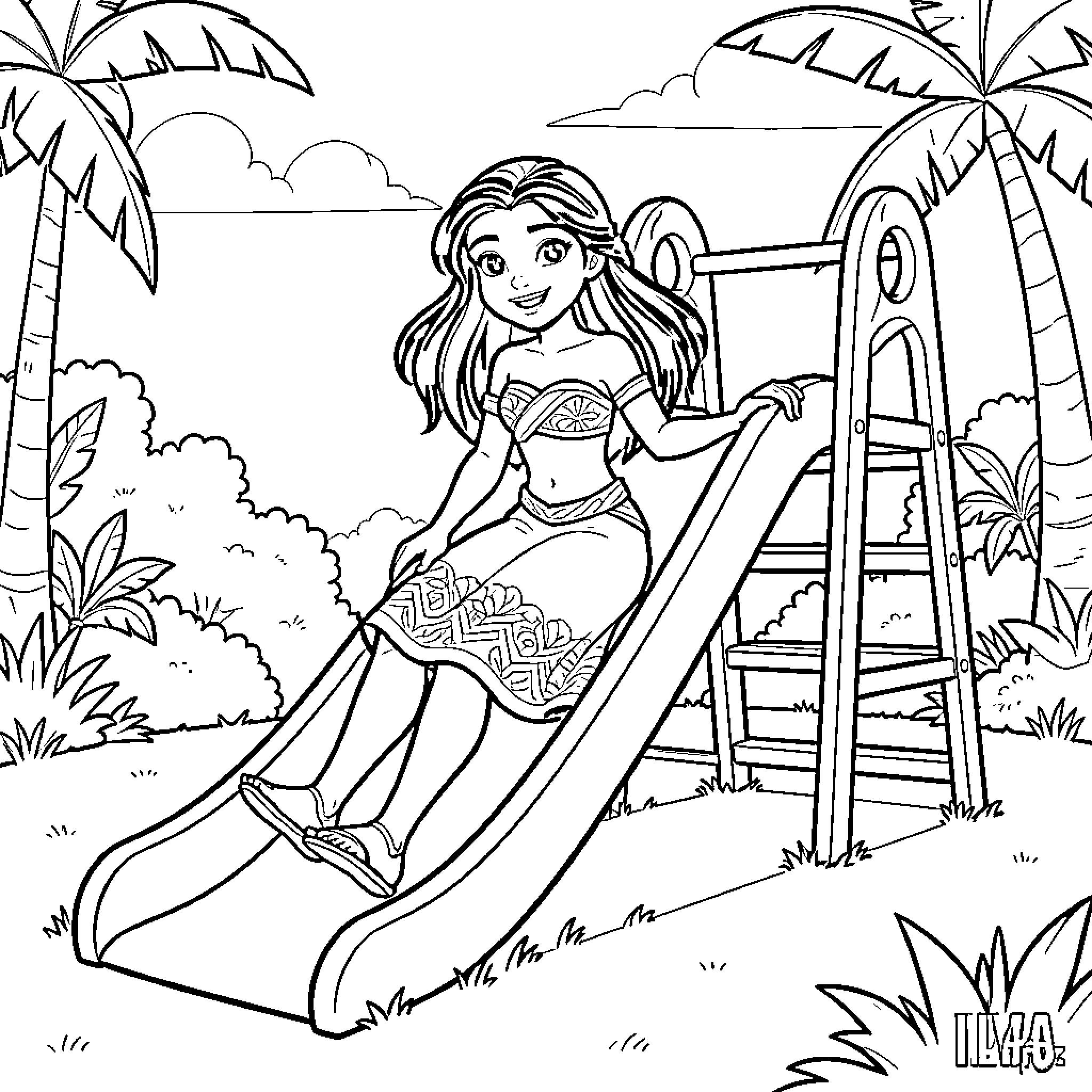 Vaiana sliding down a playground slide happily Coloring Page (free black-and-white line drawing printable PDF for all, from beginners to advanced learners, including children, teens, adults, and seniors)