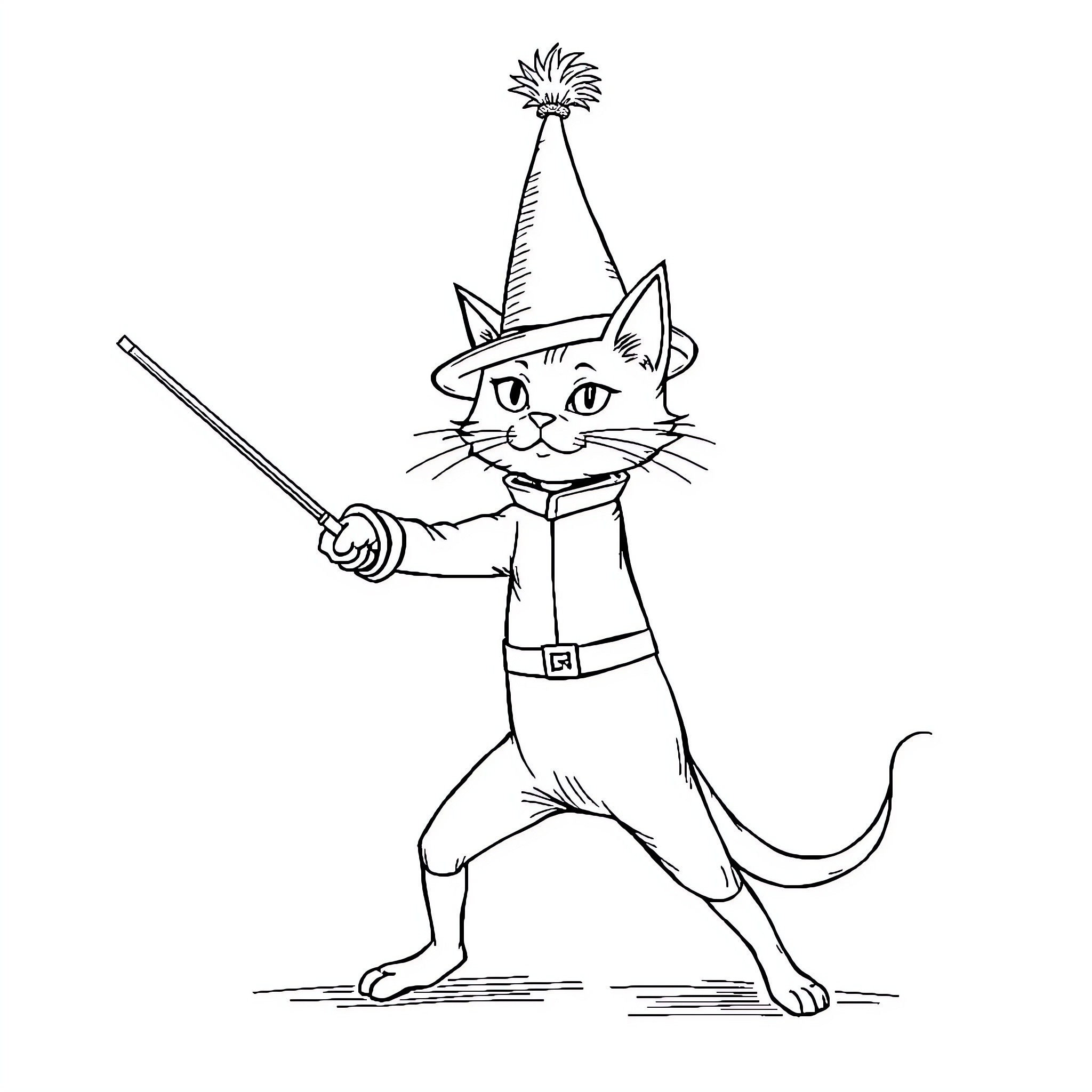 Chat Botté: Playful Cat in Party Hat with Sword Coloring Page (free black-and-white line drawing printable PDF for all, from beginners to advanced learners, including children, teens, adults, and seniors)