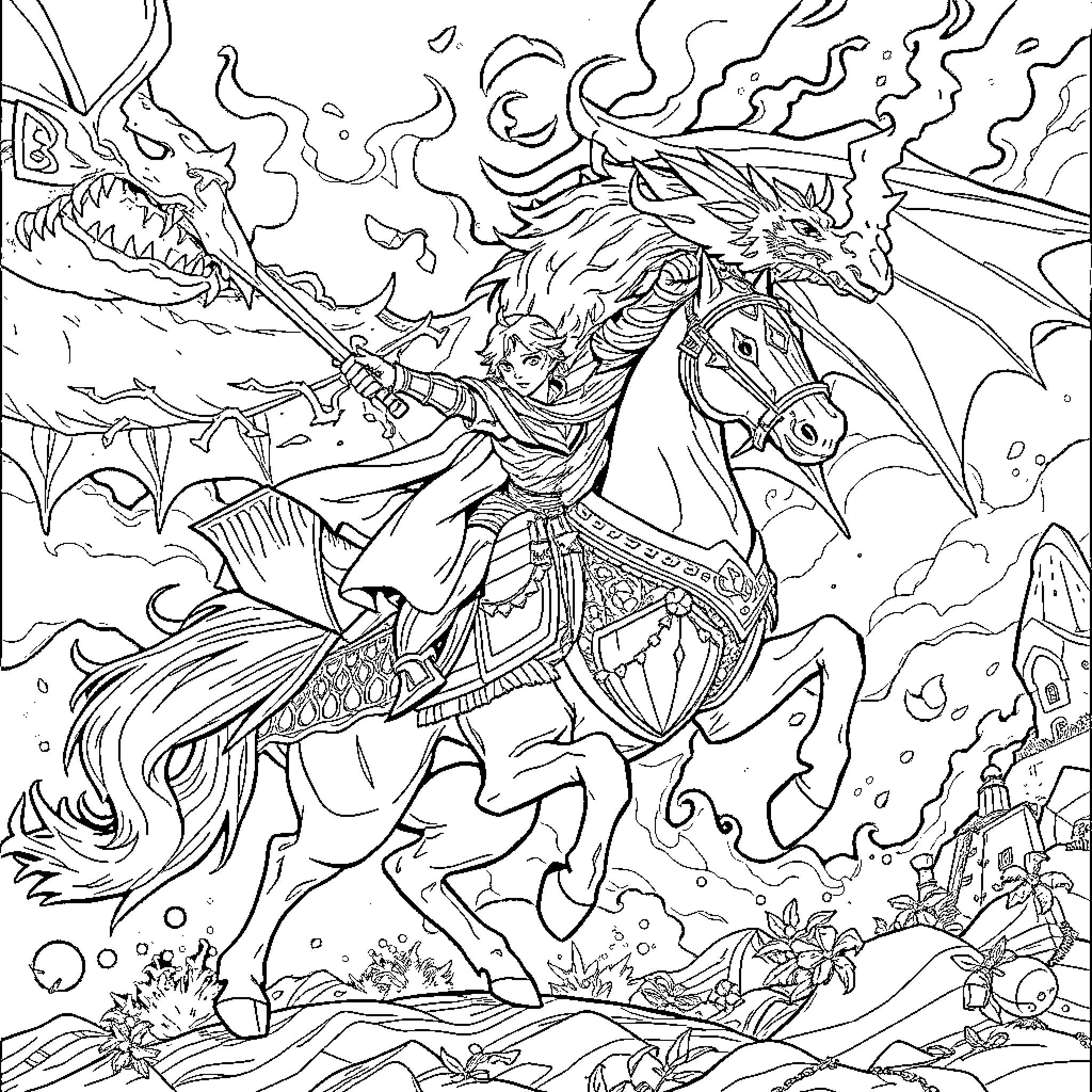 Knight Battling a Fearsome Dragon on Horseback Coloring Page (free black-and-white line drawing printable PDF for all, from beginners to advanced learners, including children, teens, adults, and seniors)