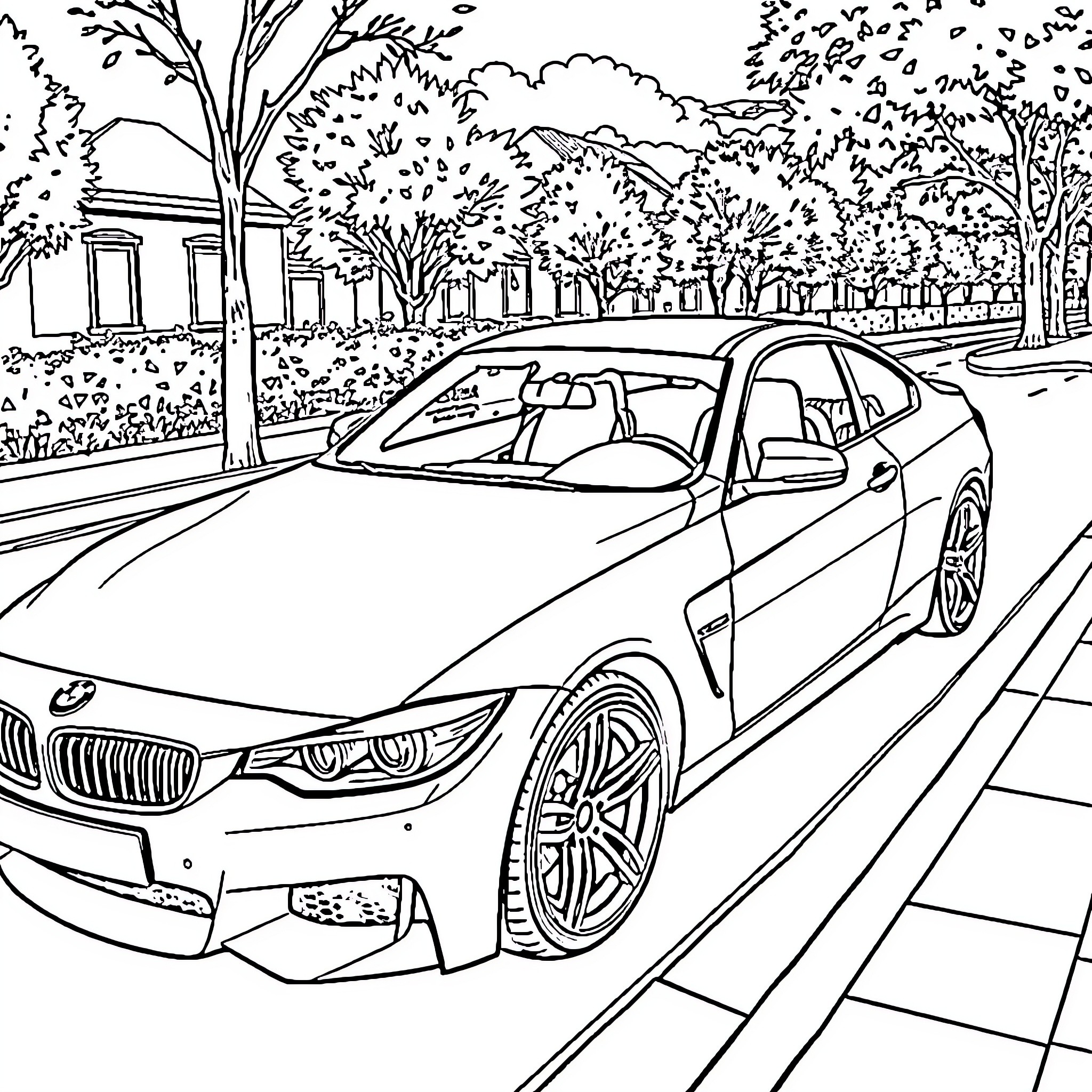 BMW sports car on city street Coloring Page (free black-and-white line drawing printable PDF for all, from beginners to advanced learners, including children, teens, adults, and seniors)