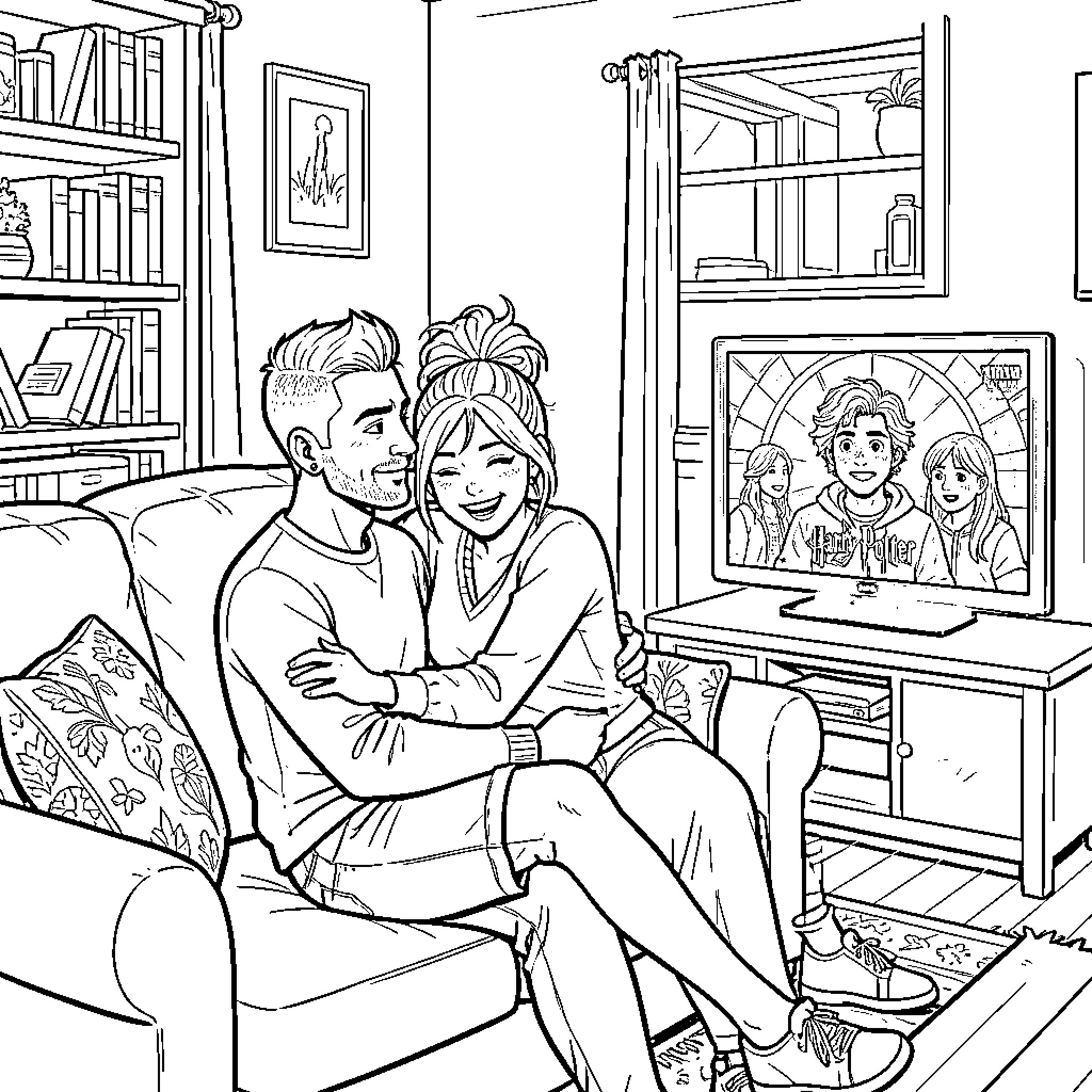 Hombre y Mujer disfrutando de una tarde juntos Coloring Page (free black-and-white line drawing printable PDF for all, from beginners to advanced learners, including children, teens, adults, and seniors)
