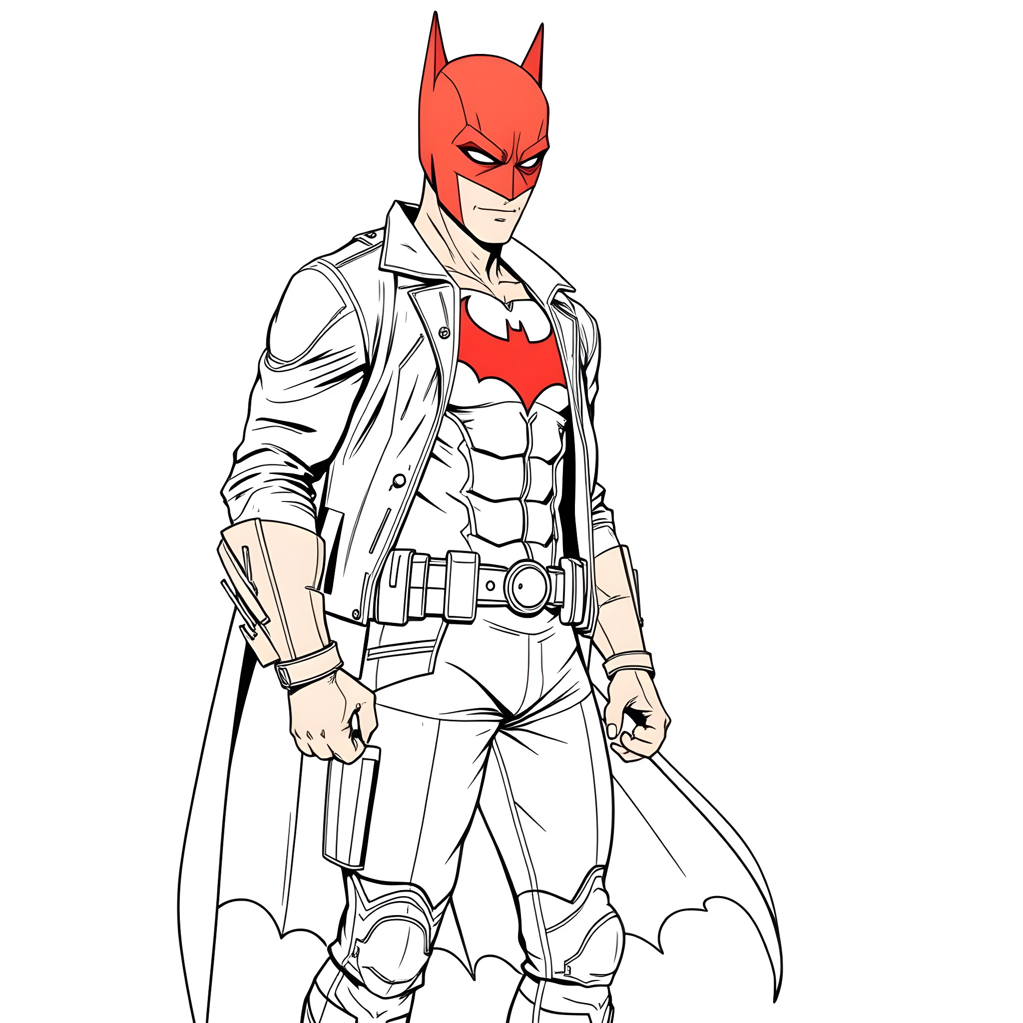 Red Hood in Action Pose with Weapon Coloring Page (free black-and-white line drawing printable PDF for all, from beginners to advanced learners, including children, teens, adults, and seniors)