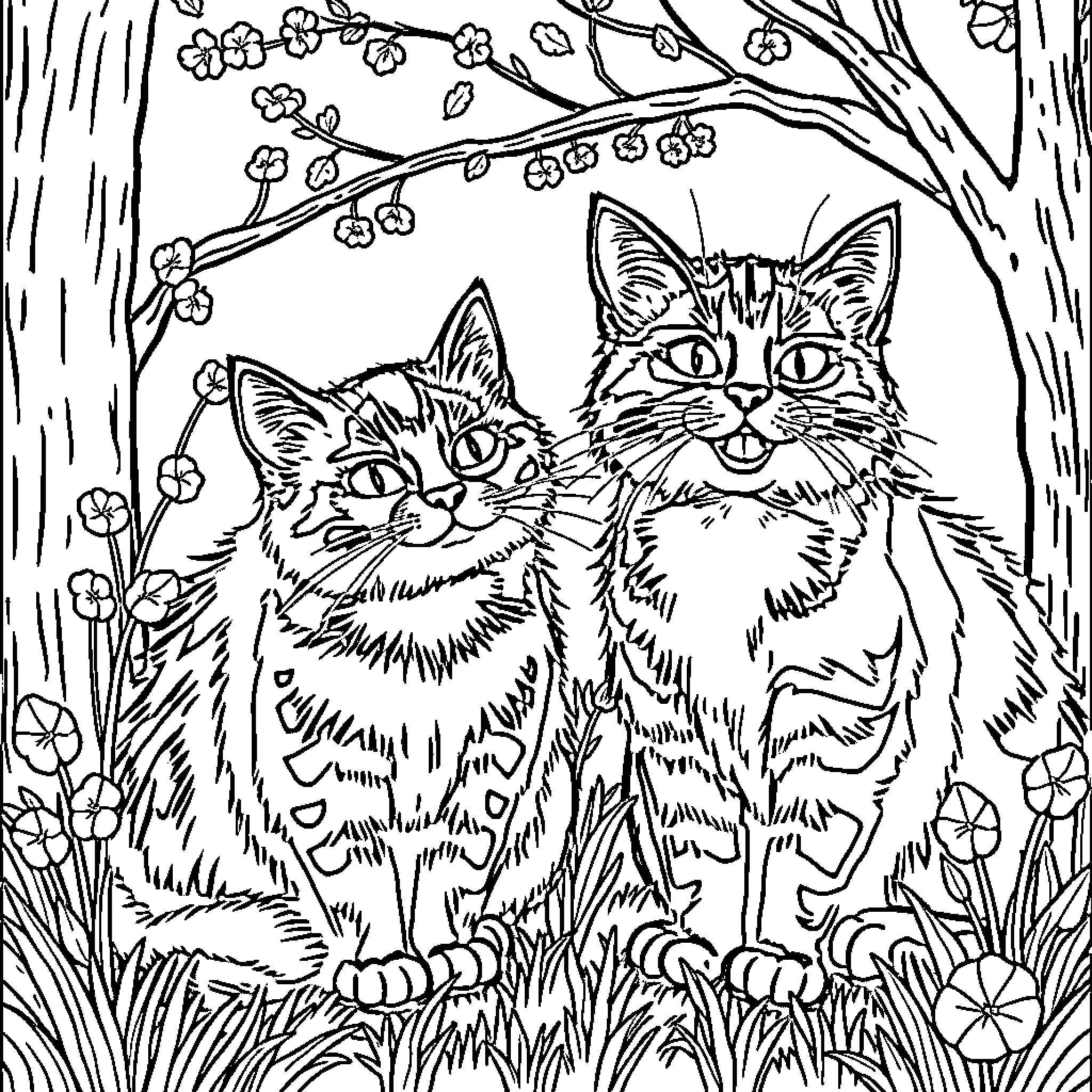 Kat's Curious Companions in the Woodland Coloring Page (free black-and-white line drawing printable PDF for all, from beginners to advanced learners, including children, teens, adults, and seniors)