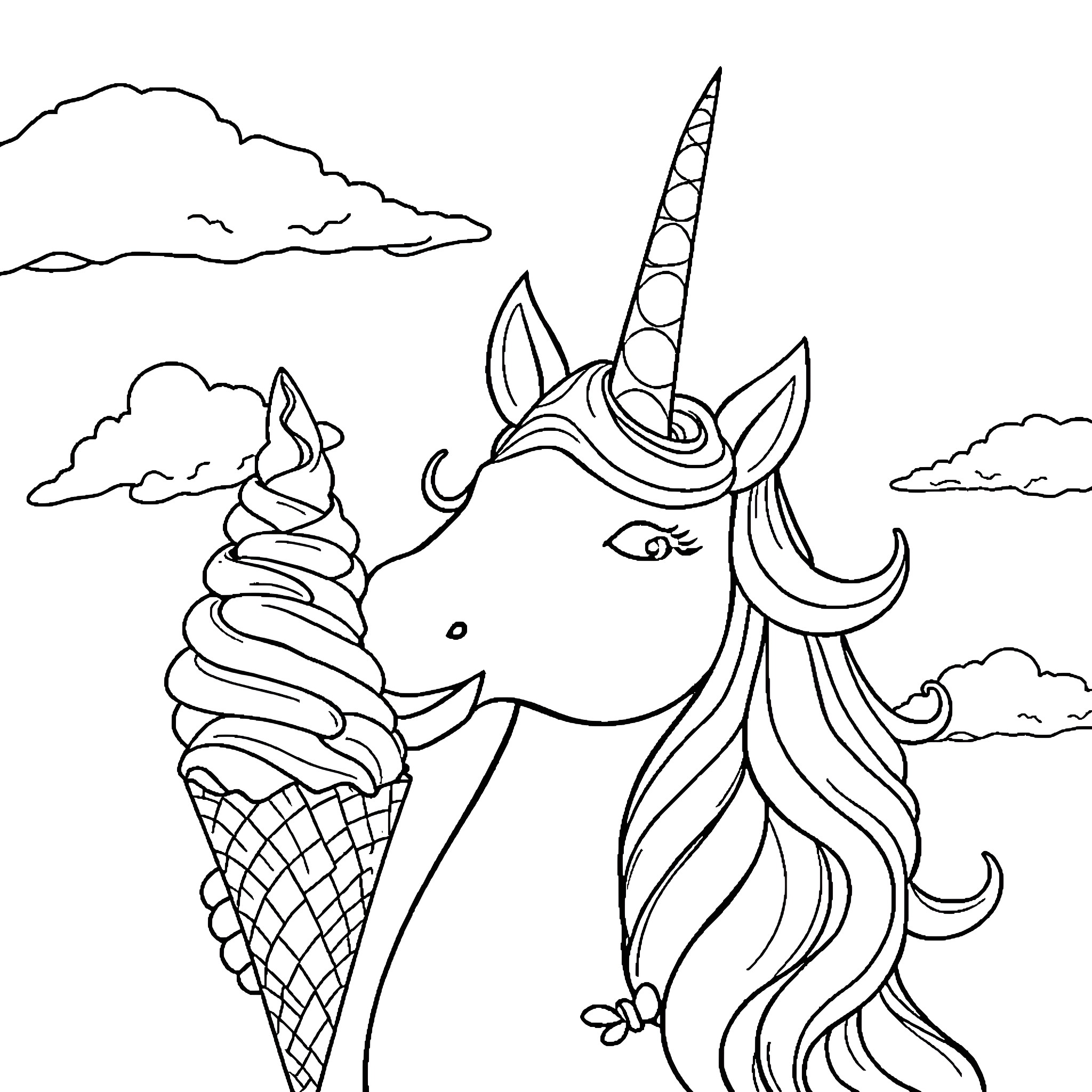Unicorn Enjoying Whimsical Ice Cream in Clouds Coloring Page (free black-and-white line drawing printable PDF for all, from beginners to advanced learners, including children, teens, adults, and seniors)