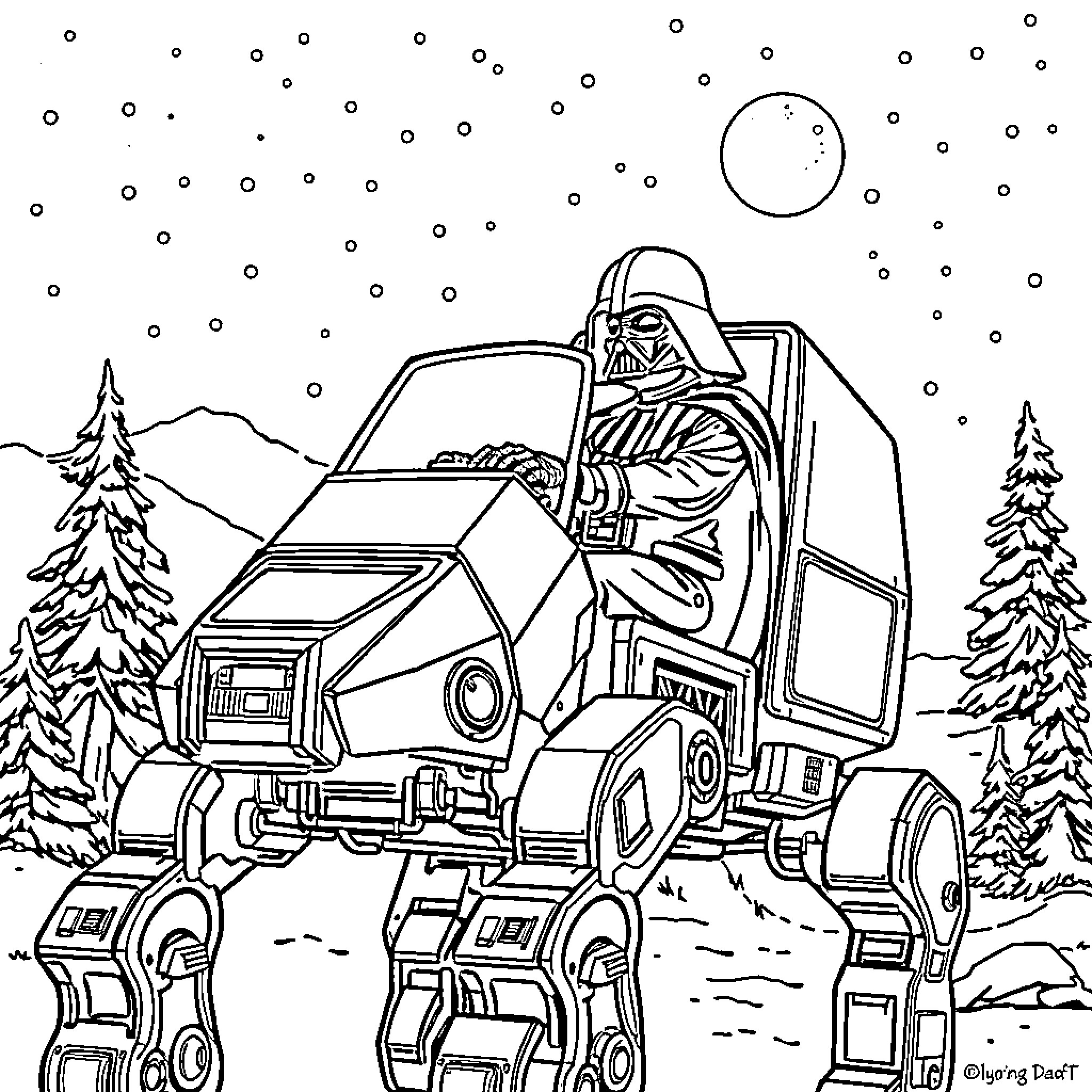 Darth Vader operating a massive mechanical vehicle in a wintry landscape Coloring Page (free black-and-white line drawing printable PDF for all, from beginners to advanced learners, including children, teens, adults, and seniors)
