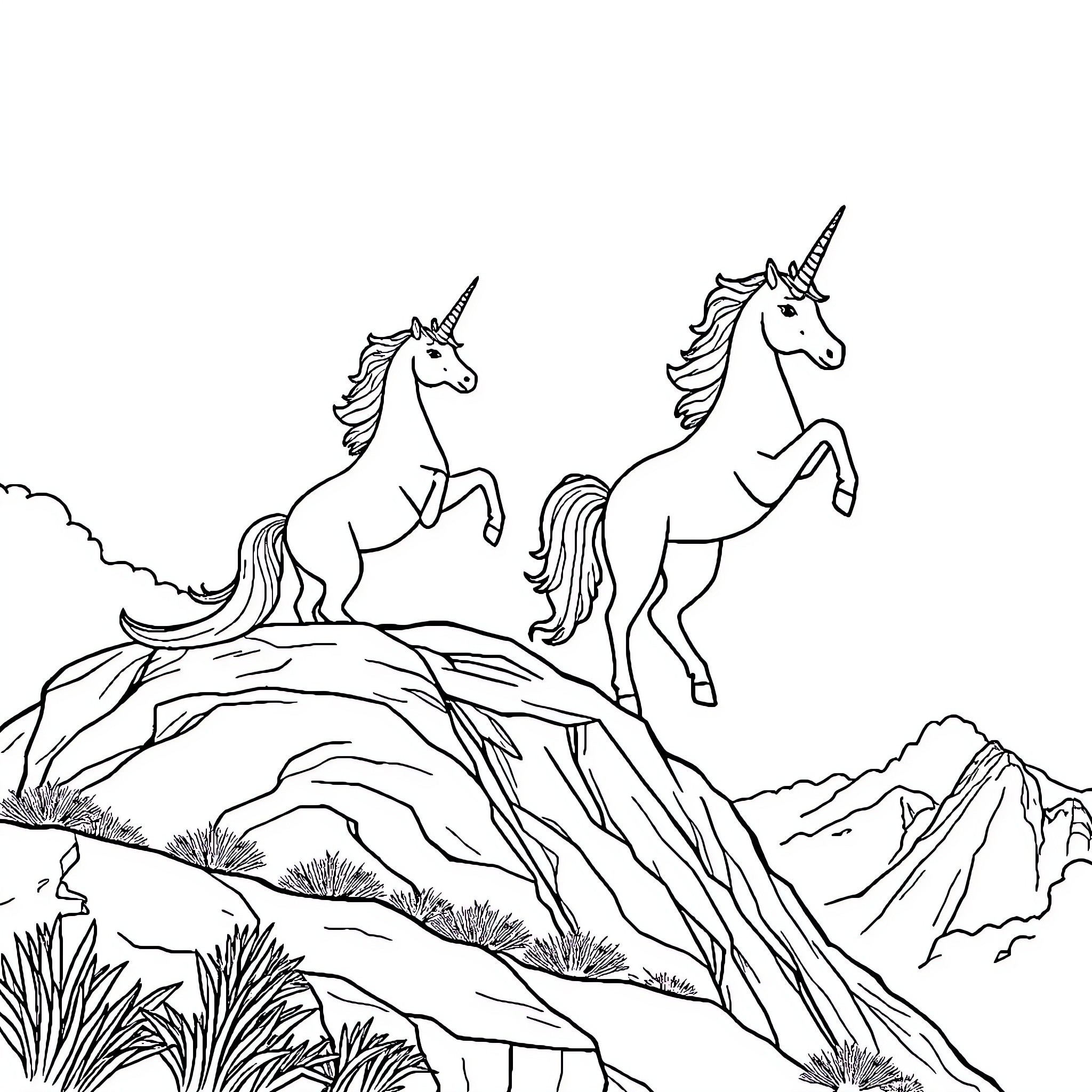 Unicorns galloping through the enchanted valley Coloring Page (free black-and-white line drawing printable PDF for all, from beginners to advanced learners, including children, teens, adults, and seniors)
