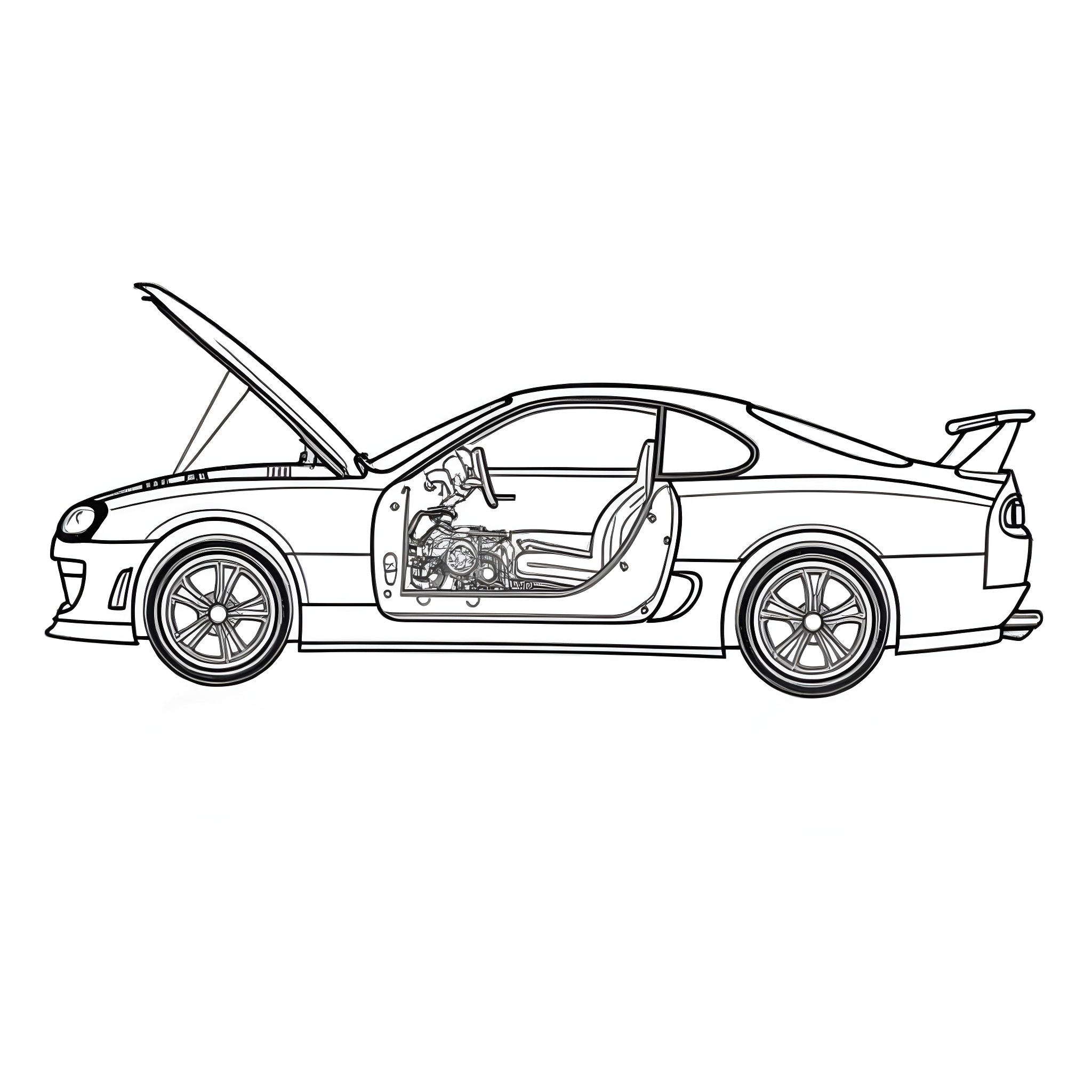 Supra racing car with aggressive styling Coloring Page (free black-and-white line drawing printable PDF for all, from beginners to advanced learners, including children, teens, adults, and seniors)