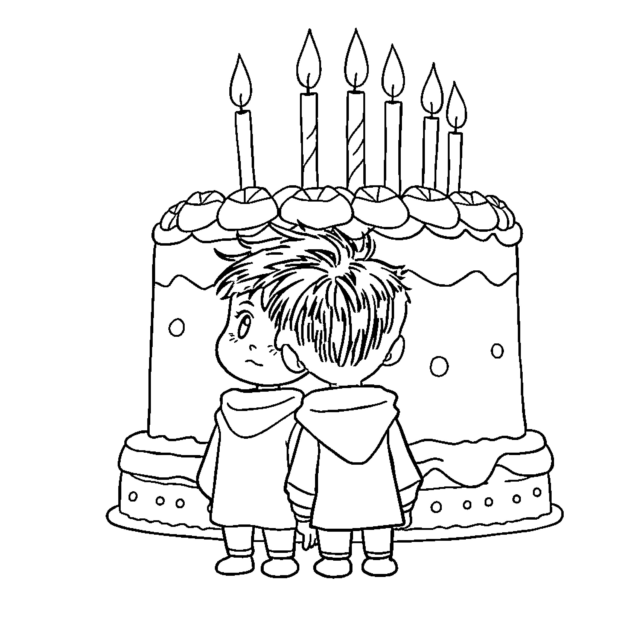 Boy admiring birthday cake with lit candles Coloring Page (free black-and-white line drawing printable PDF for all, from beginners to advanced learners, including children, teens, adults, and seniors)